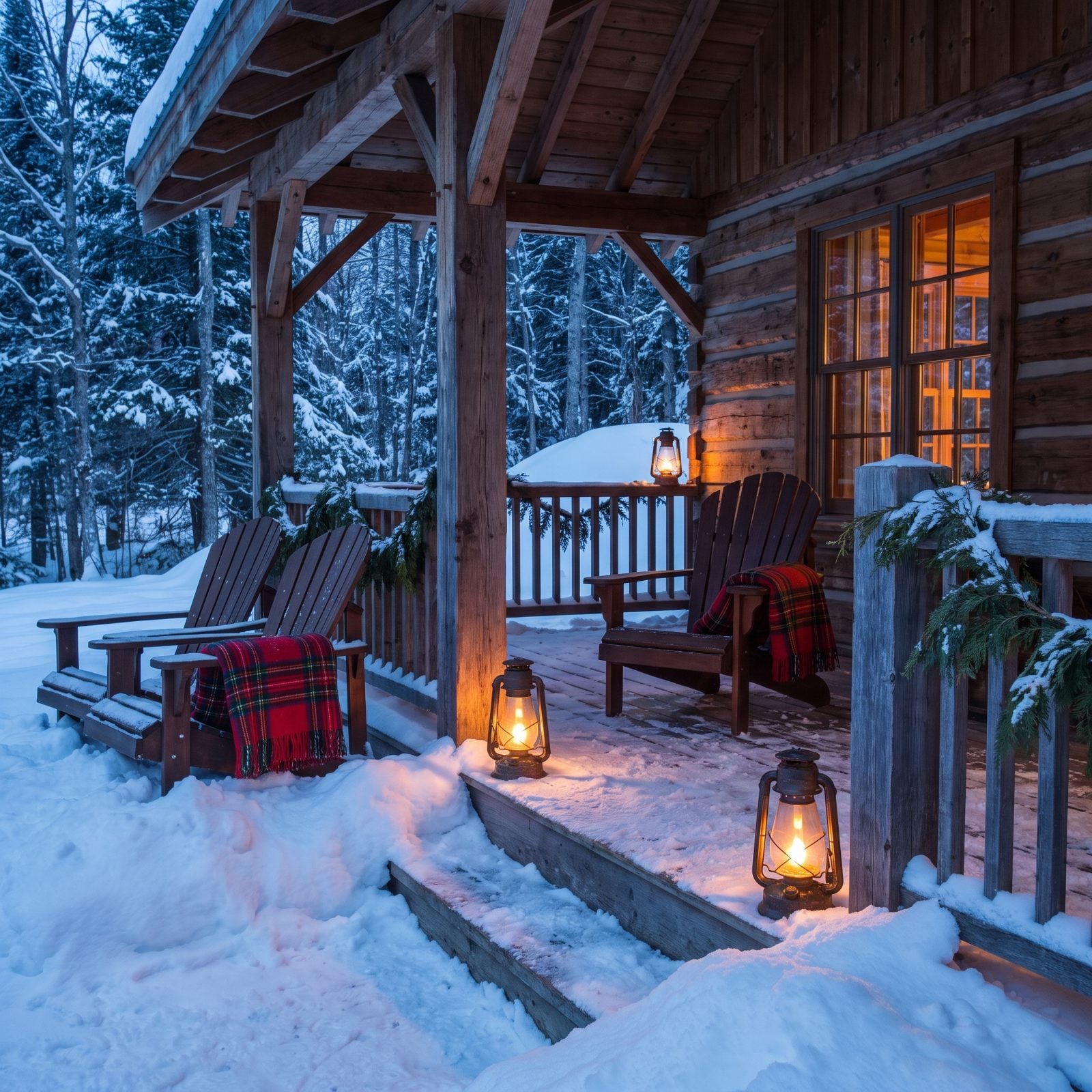 A Covered Porch With Blankets and Storm Lanterns
