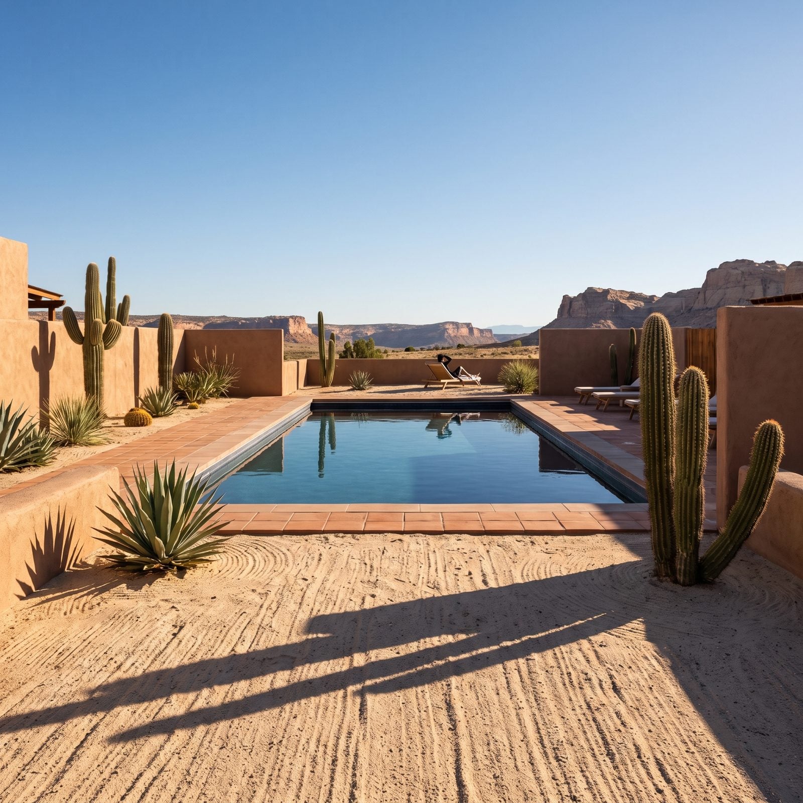 A Desert Pool Framed by Sand and Sculptural Cacti