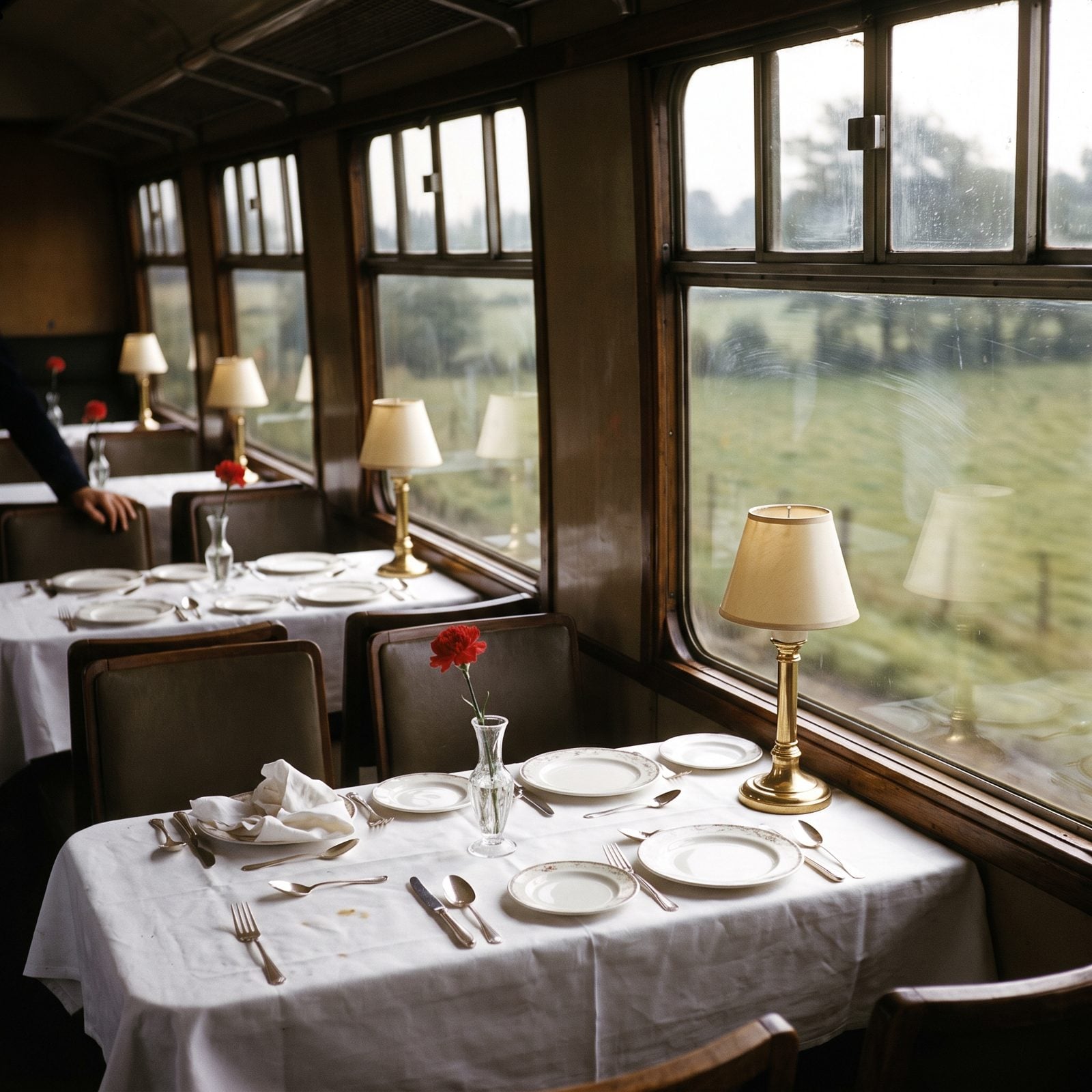 Dining-Car Tables Set With White Linen and Real China