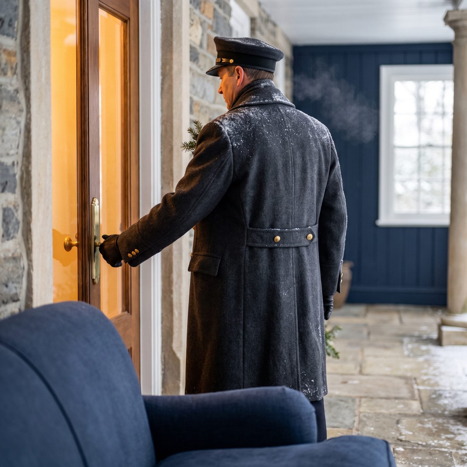 A Doorman Dressed for Winter Rather Than Costume Theater