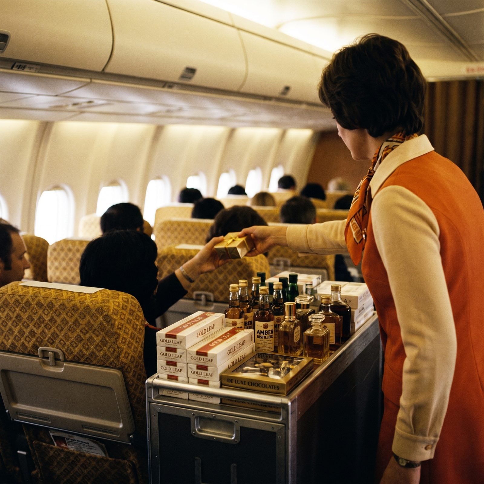 Duty-Free Cigarettes and Liquor Wheeled Down the Aisle on a Cart
