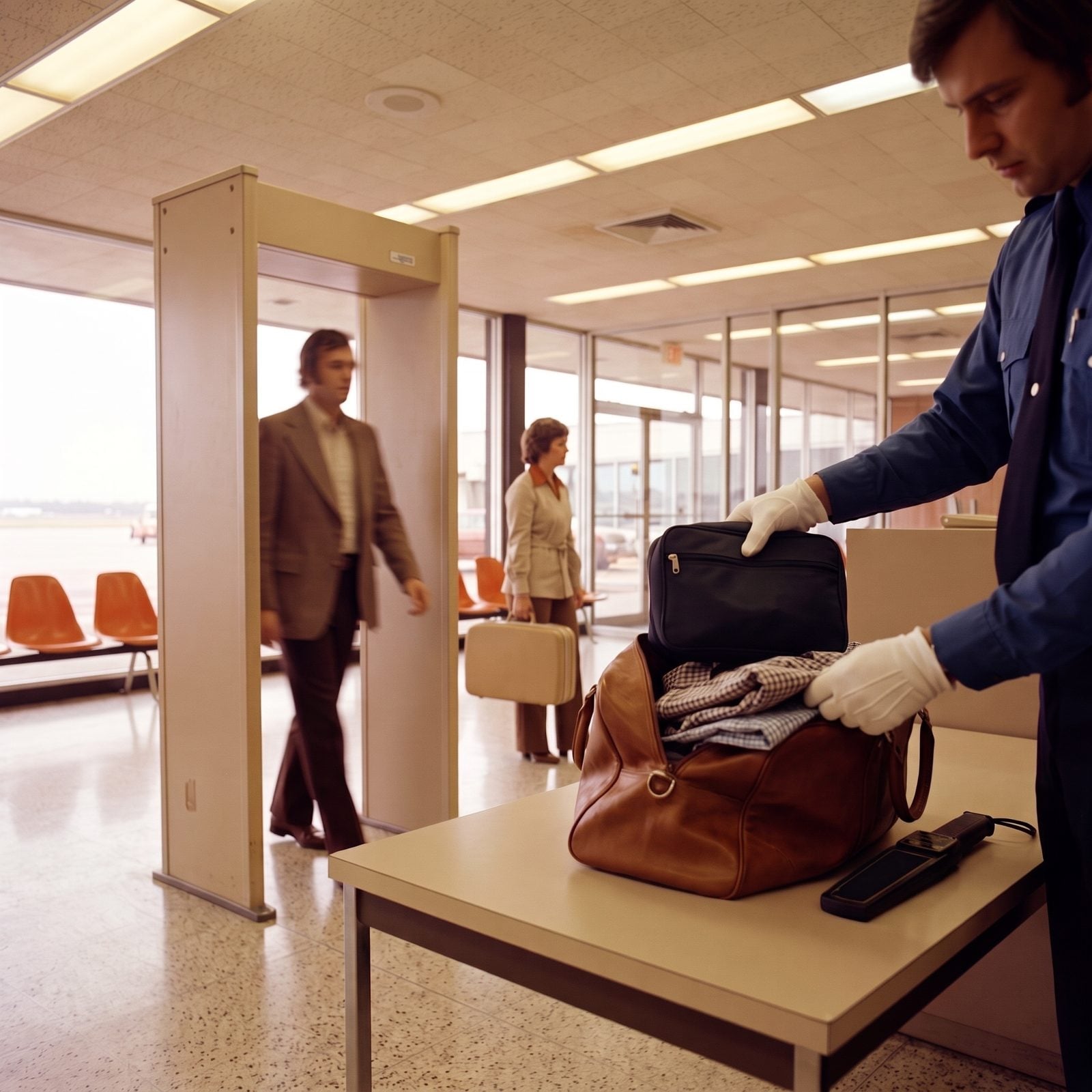 Early Metal Detectors Paired With Manual Carry-On Bag Searches