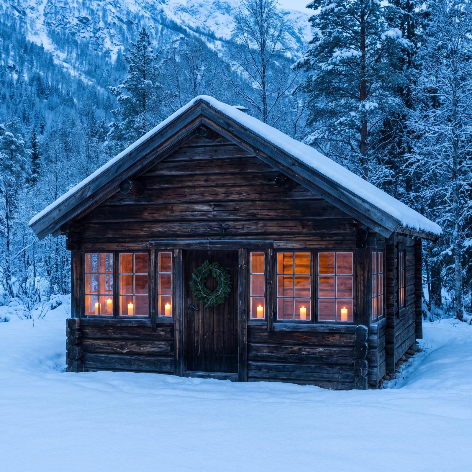 Electric Candles Creating Warm Windowlight Against the Snow