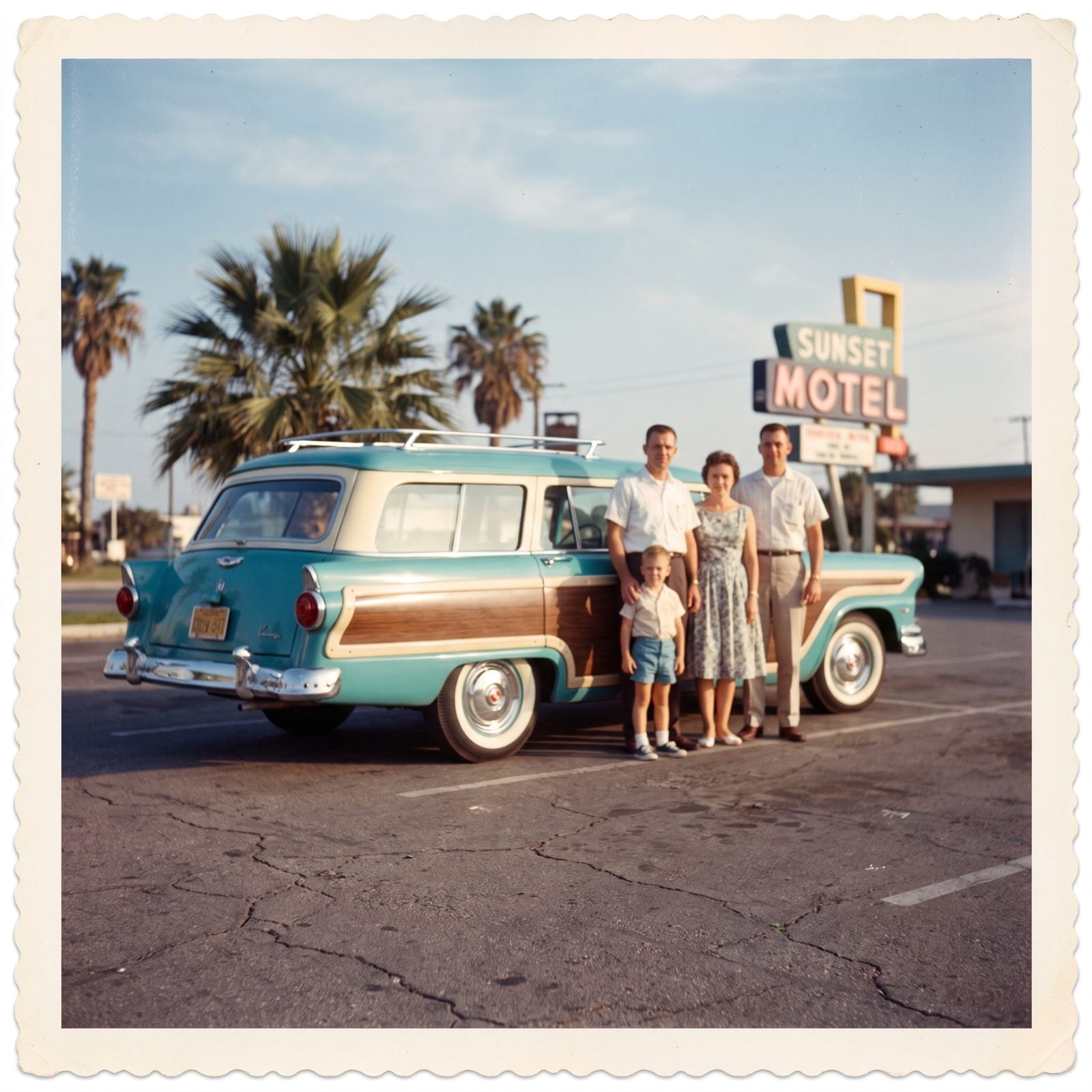 The Family Lined Up Beside the Wood-Paneled Wagon