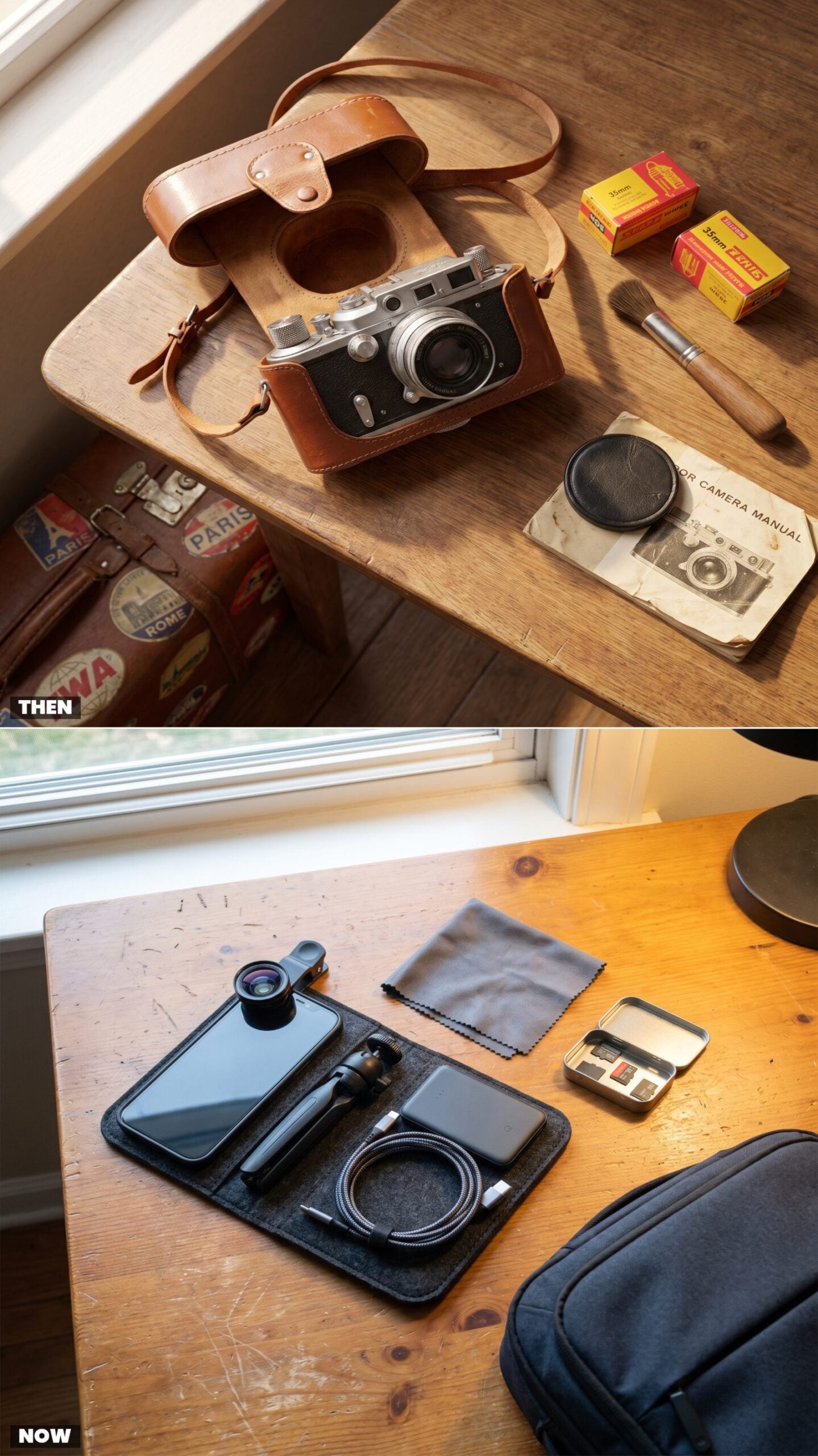 The Film Camera in Its Fitted Case vs. the Smartphone Camera Kit