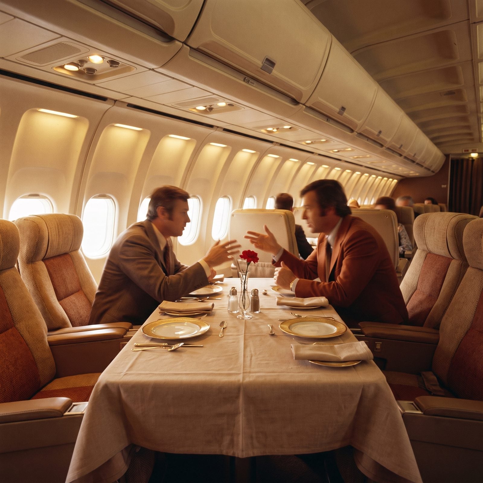 First-Class Passengers Eating Together at Full-Size Dining Tables