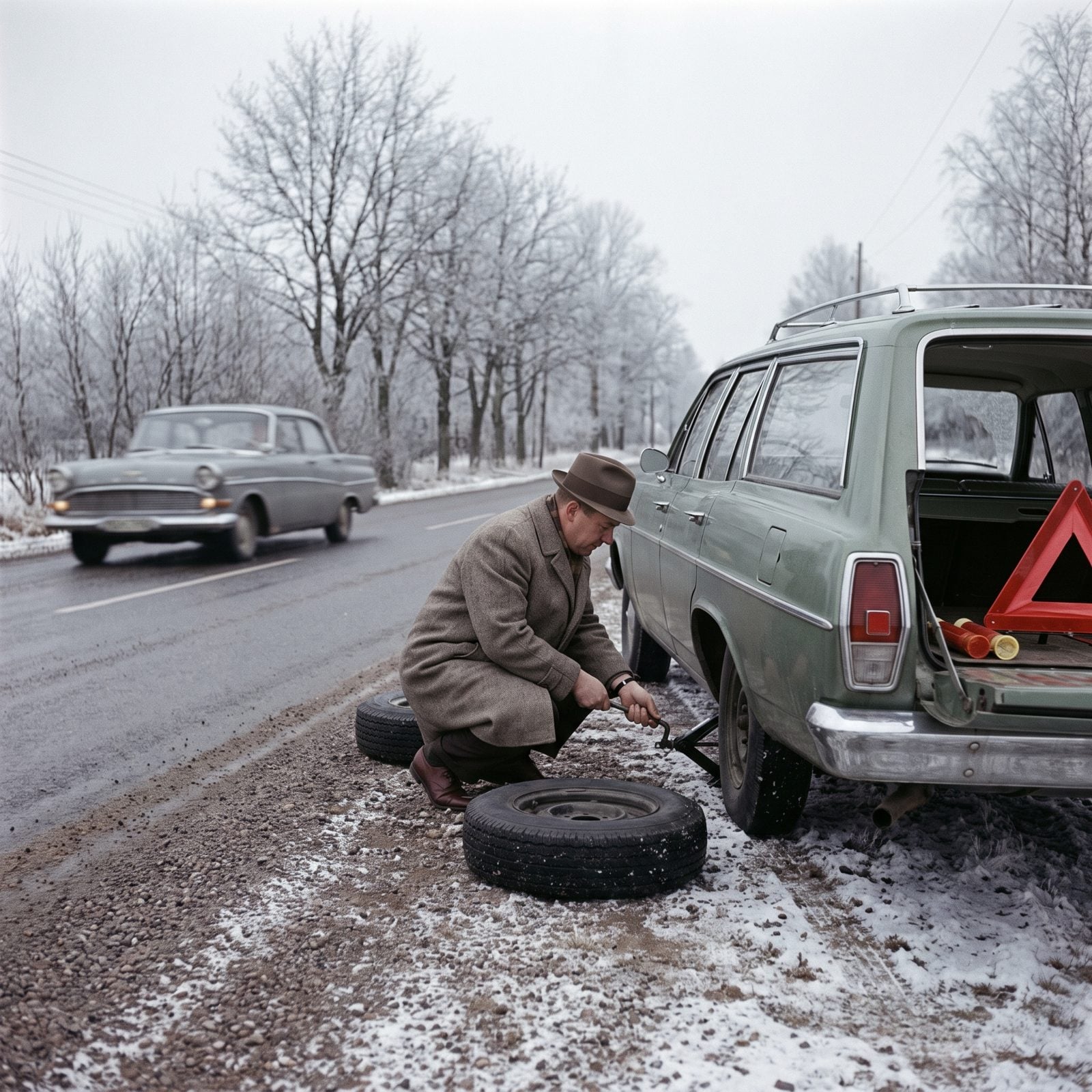 Flat Tires Got Changed Right Beside the Highway