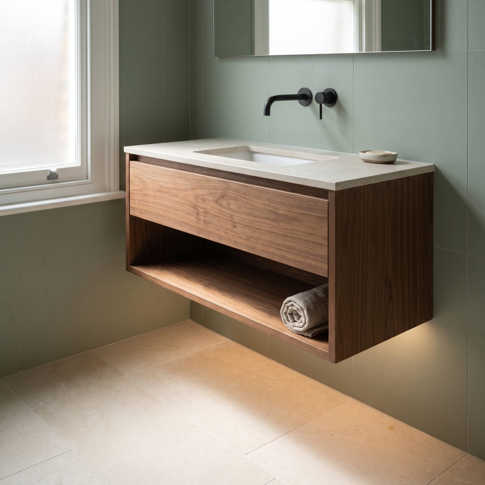 A Floating Vanity Makes the Floor Continue Beneath It