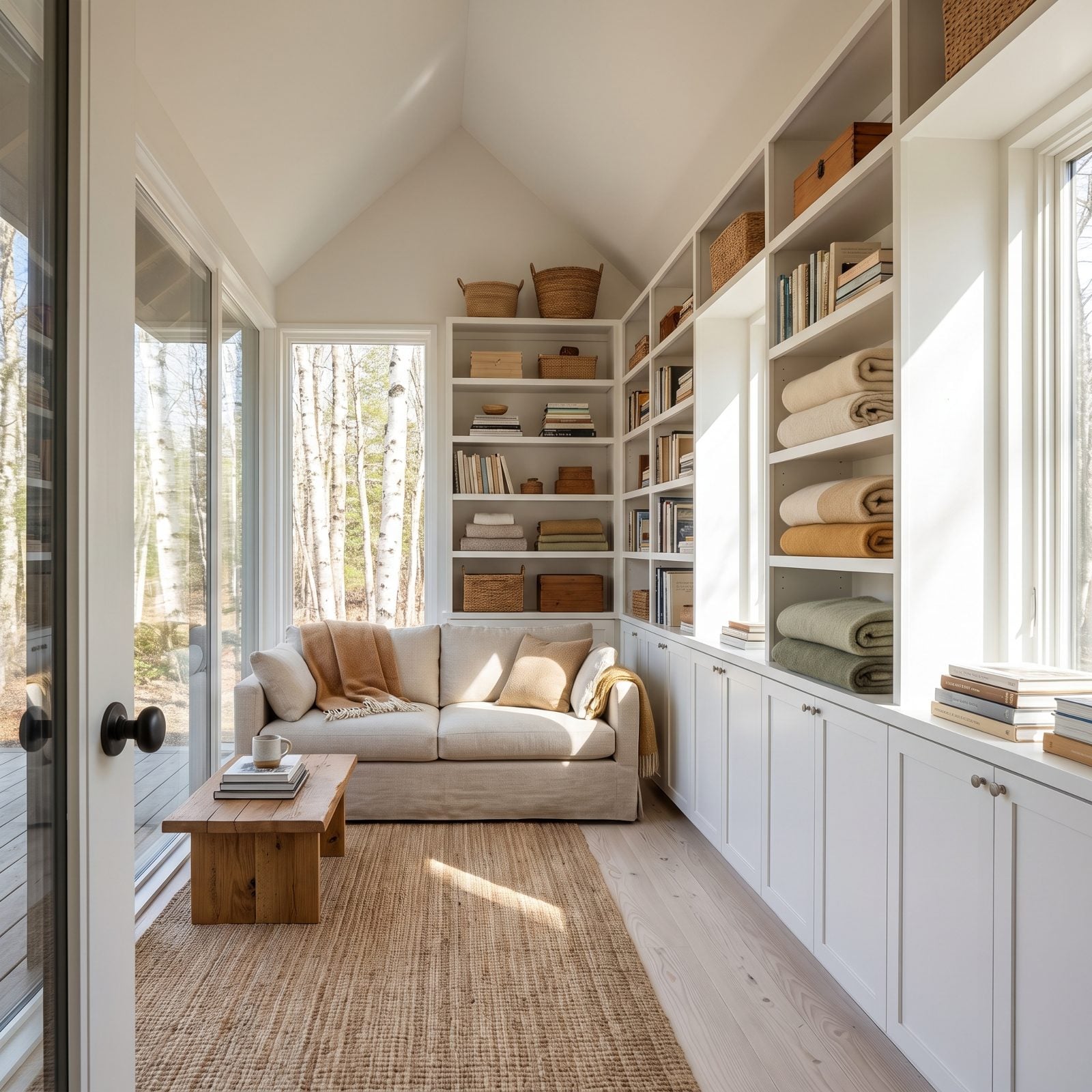 Floor-to-Ceiling Storage Concentrates Clutter on One Wall