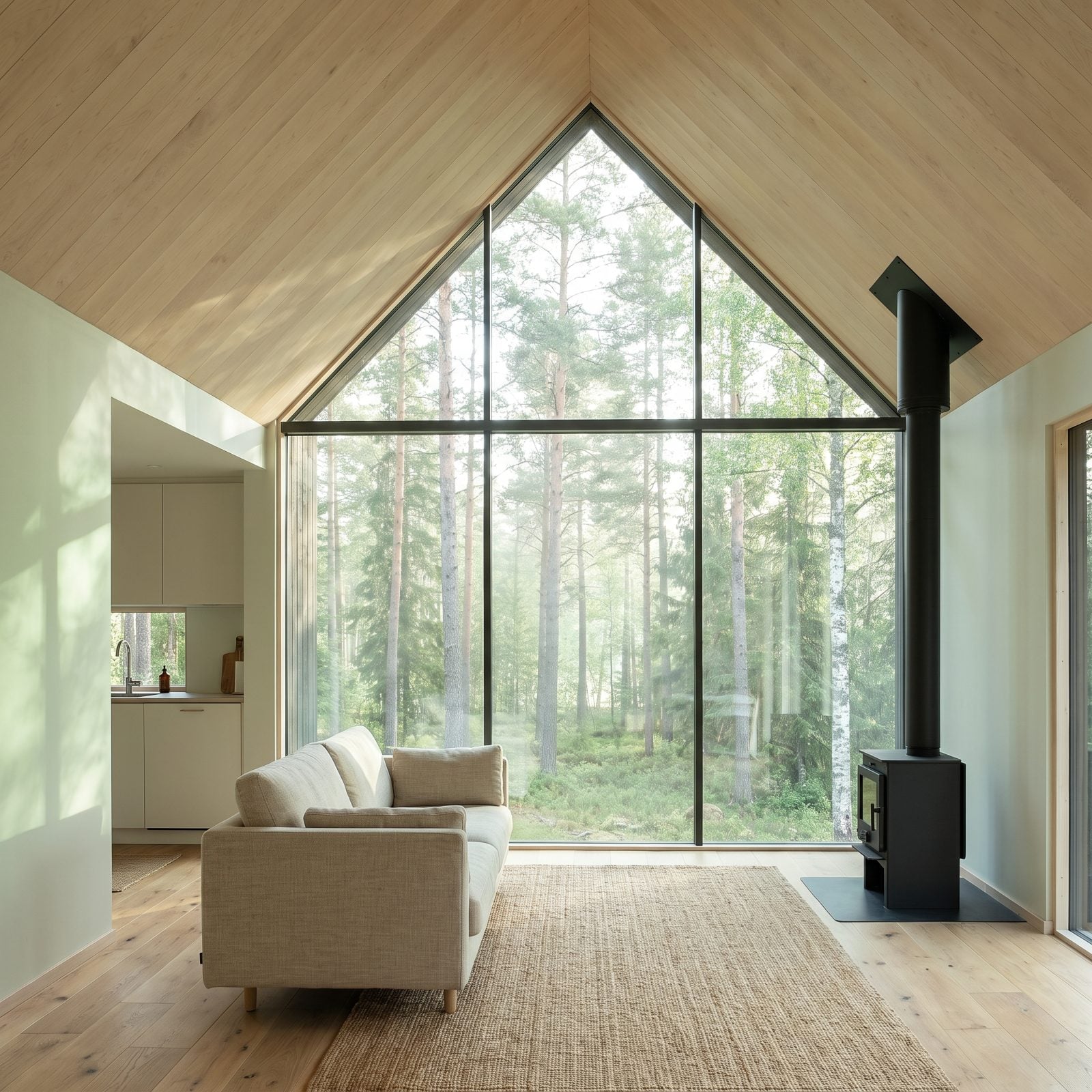 A Floor-to-Ridge Gable Window Pulls the Whole Forest Indoors