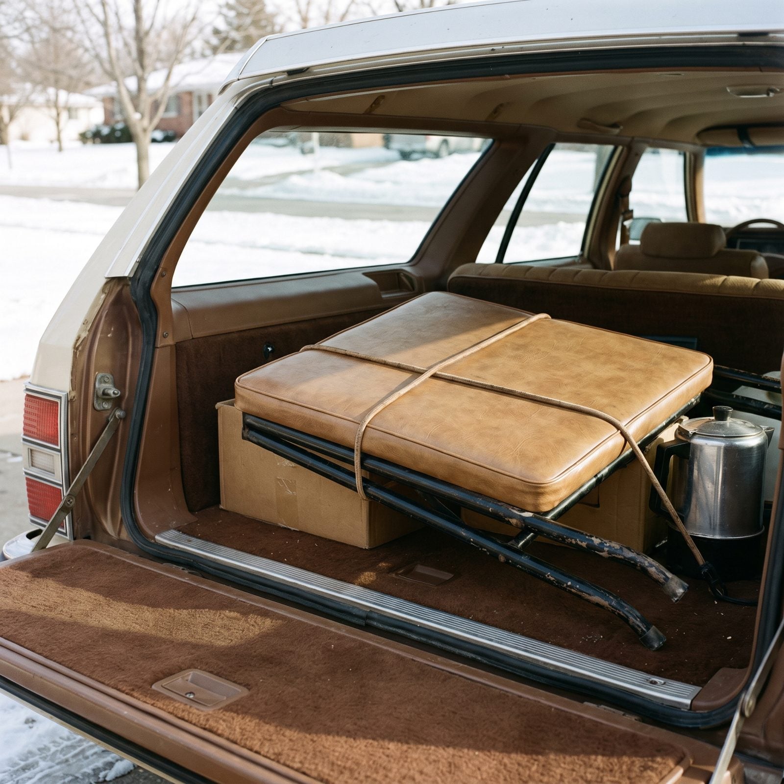 The Folding Card Table Strapped Flat in the Trunk