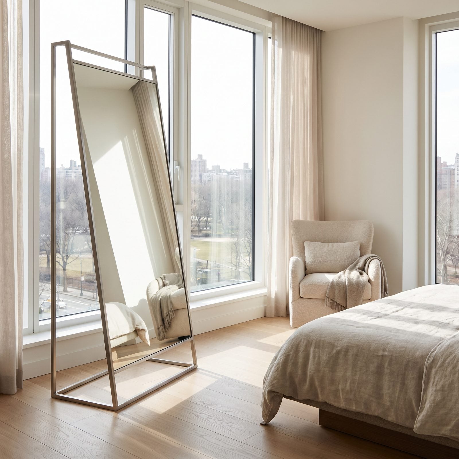 A Full-Length Mirror Positioned to Catch Daylight Brightens the Room