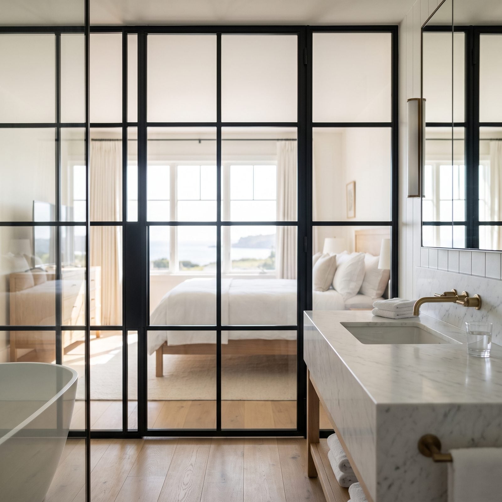 A Glass Interior Wall Borrows Light From the Bedroom