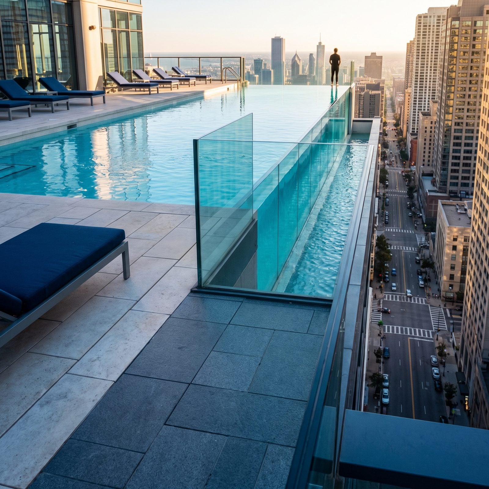 A Glass-Walled Rooftop Pool Hung Over the Skyline