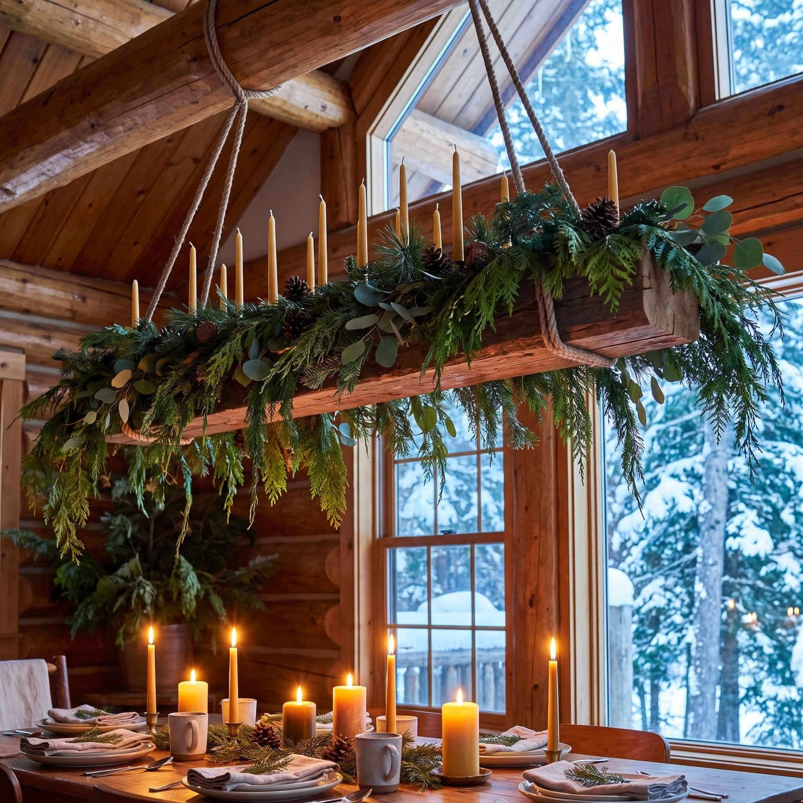 A Greenery Chandelier Over the Table