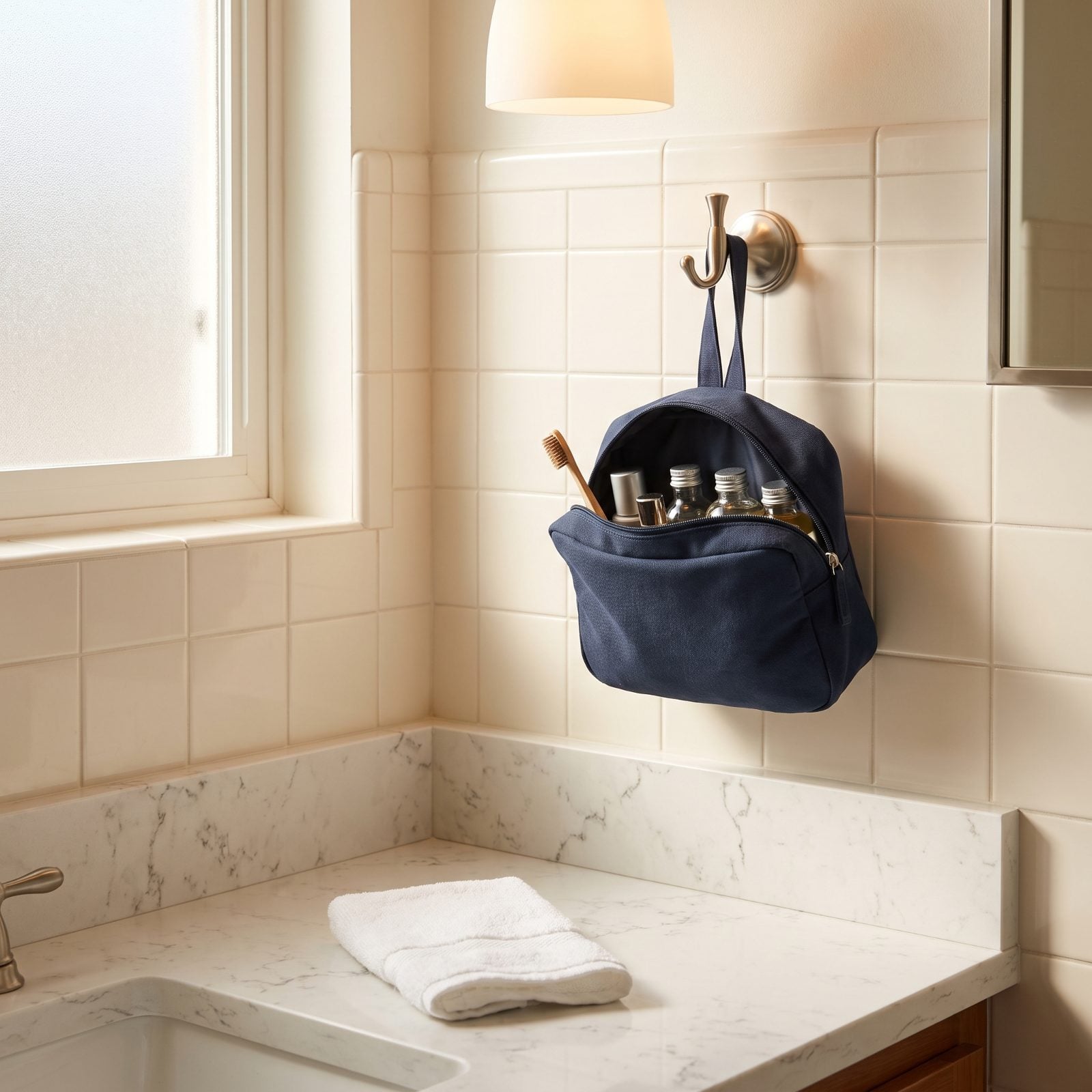 Hang Your Toiletry Bag From a Towel Hook to Reclaim the Counter