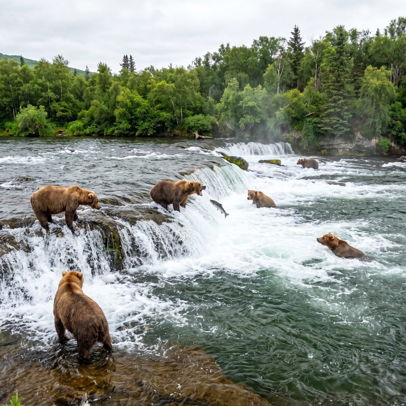 Katmai National Park, Alaska: Brown Bears Fishing Beneath a Remote Waterfall