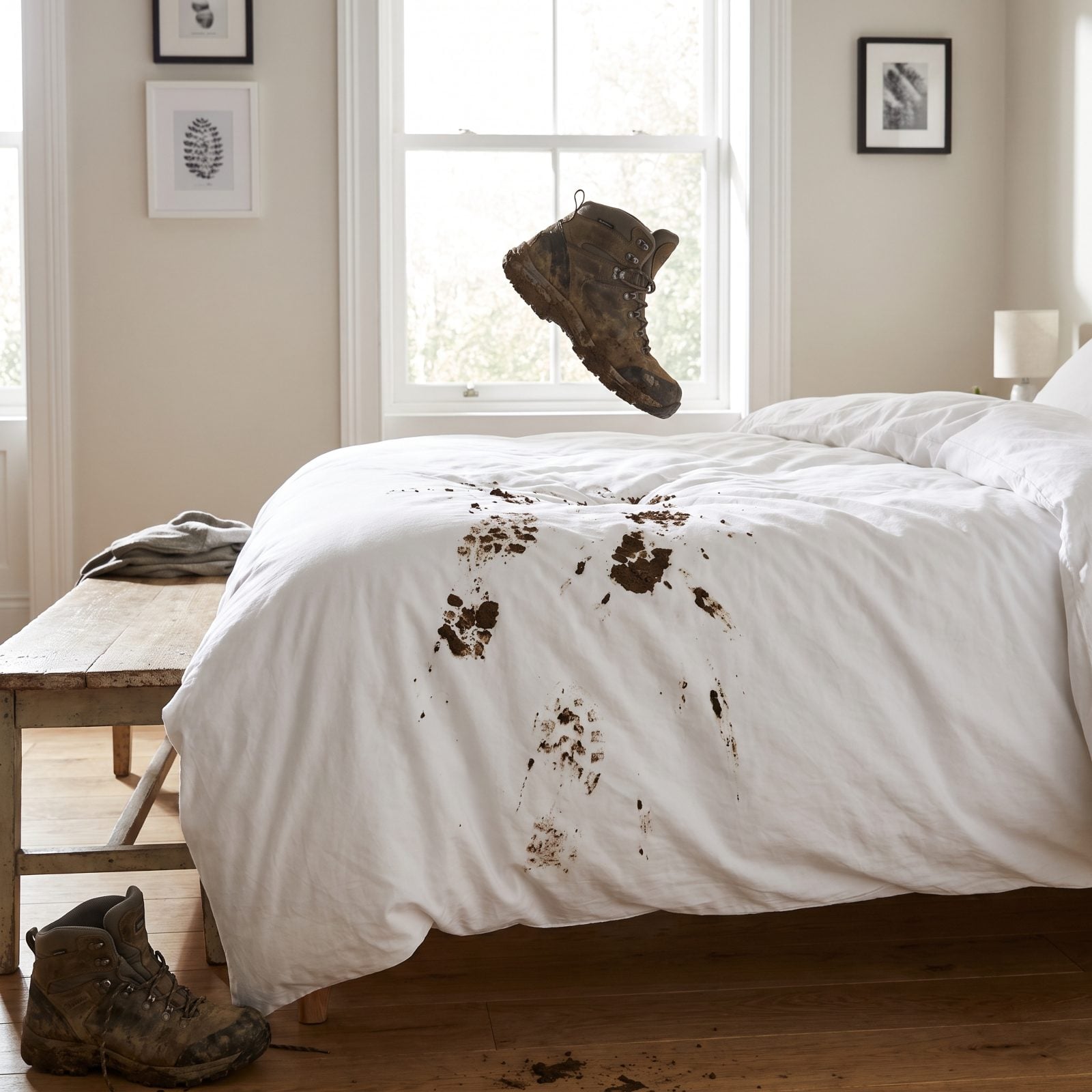 Kicking Off Muddy Shoes on the Fresh Bedding