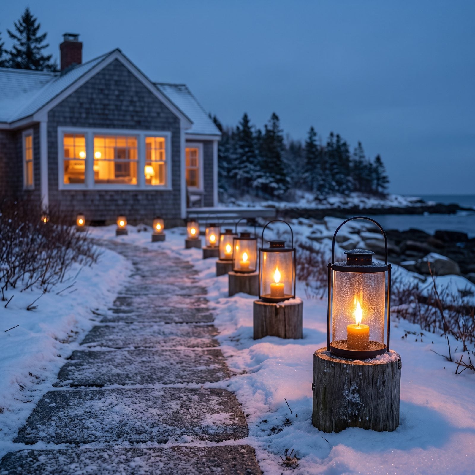 Lanterns Marking the Path After the Early Winter Sunset