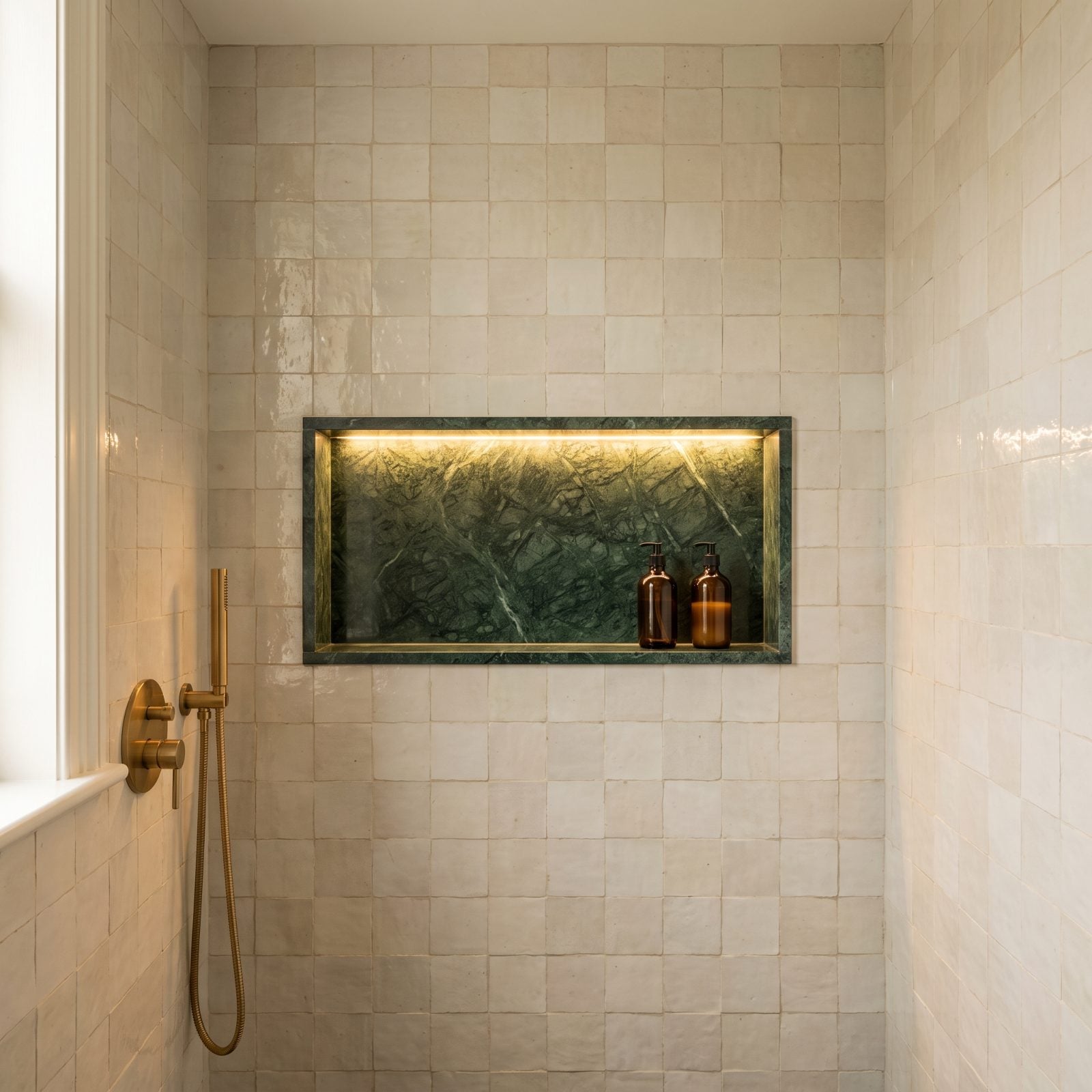 A Lit Recessed Shower Niche That Carves Out Depth