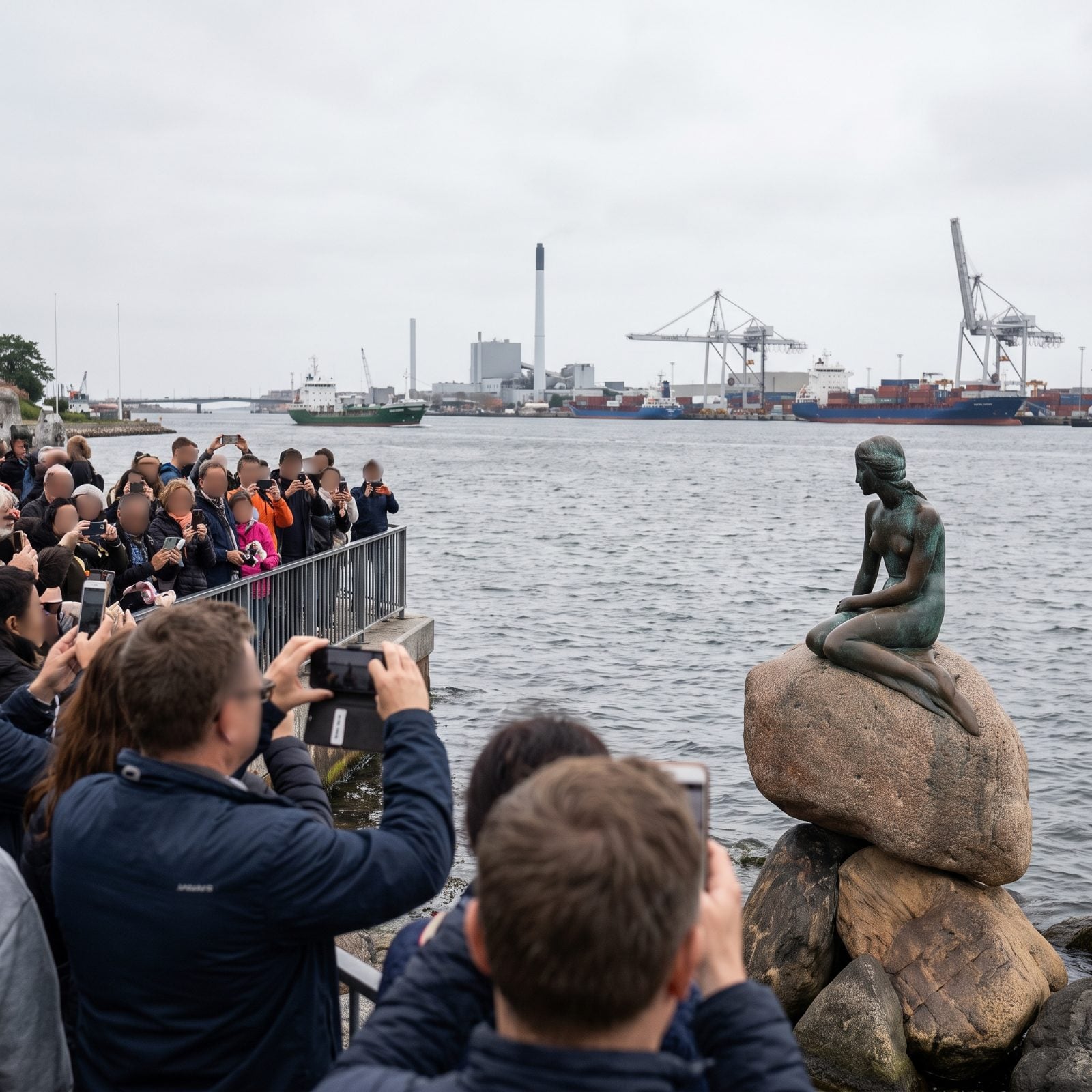 The Little Mermaid Sits Beside an Industrial Harbor