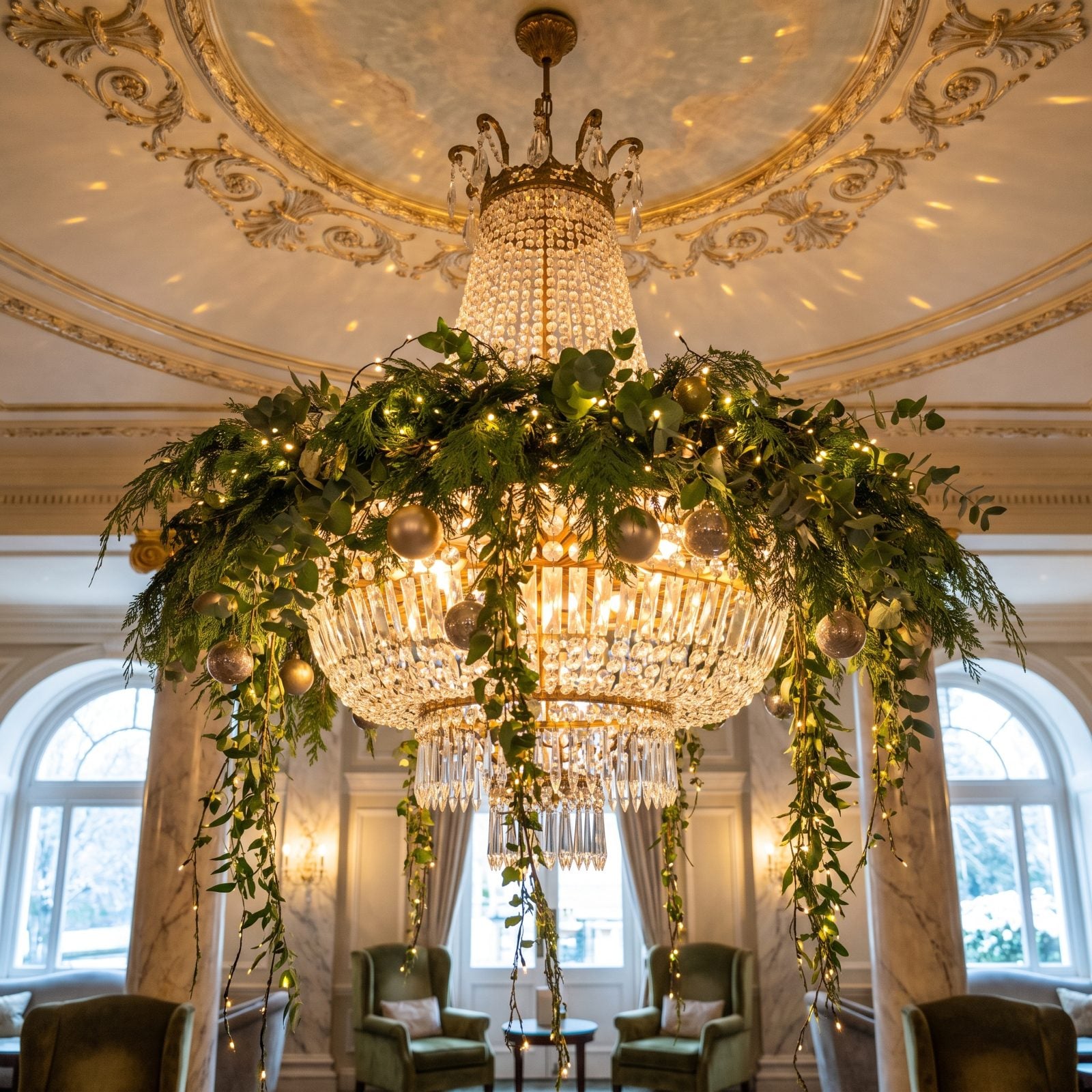 A Lobby Chandelier Dressed With Suspended Greenery