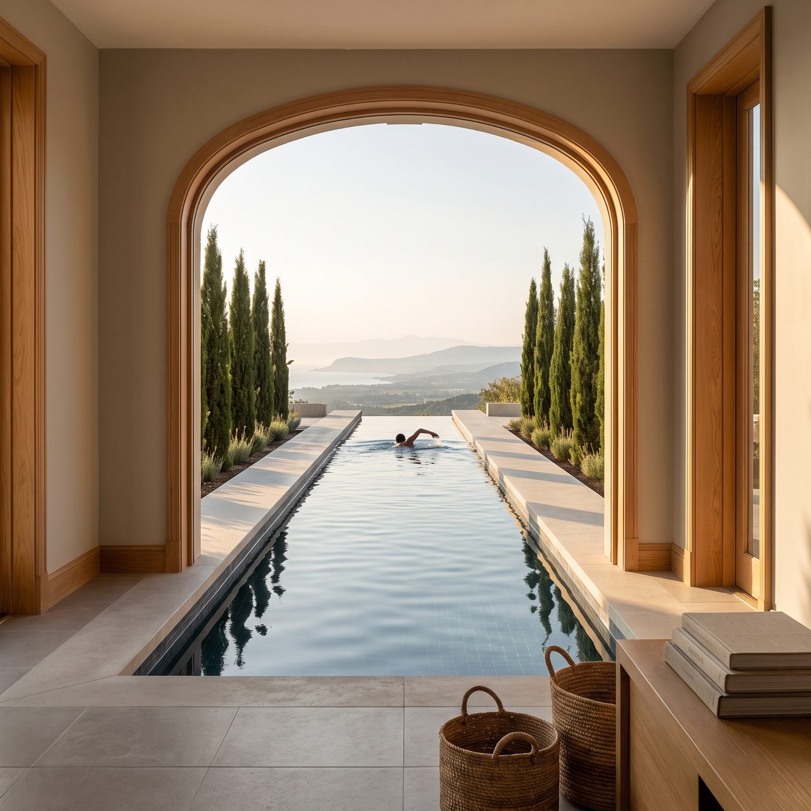 A Long Lap Pool Aligned With the Main View