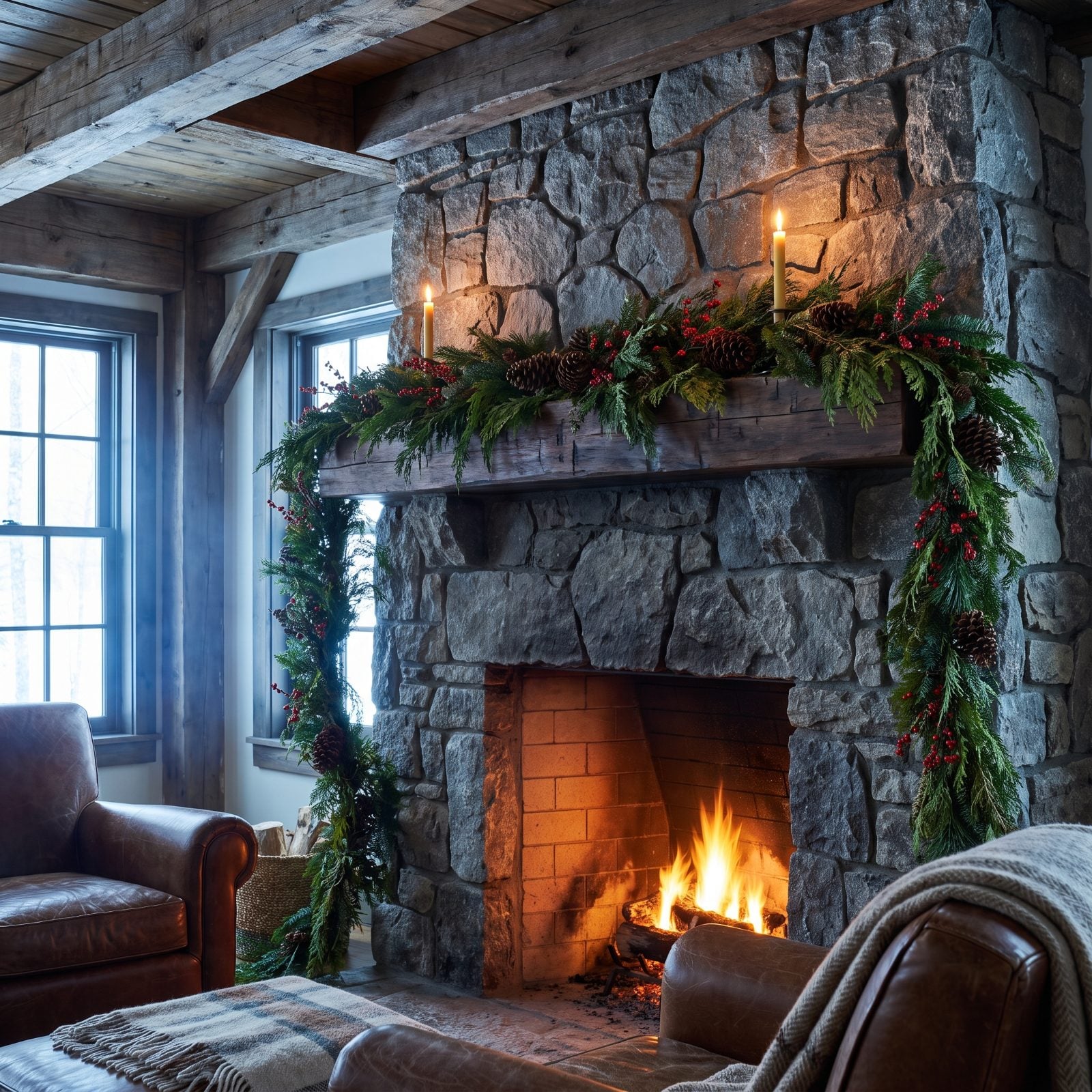 A Mantel Garland That Follows the Cabin Architecture