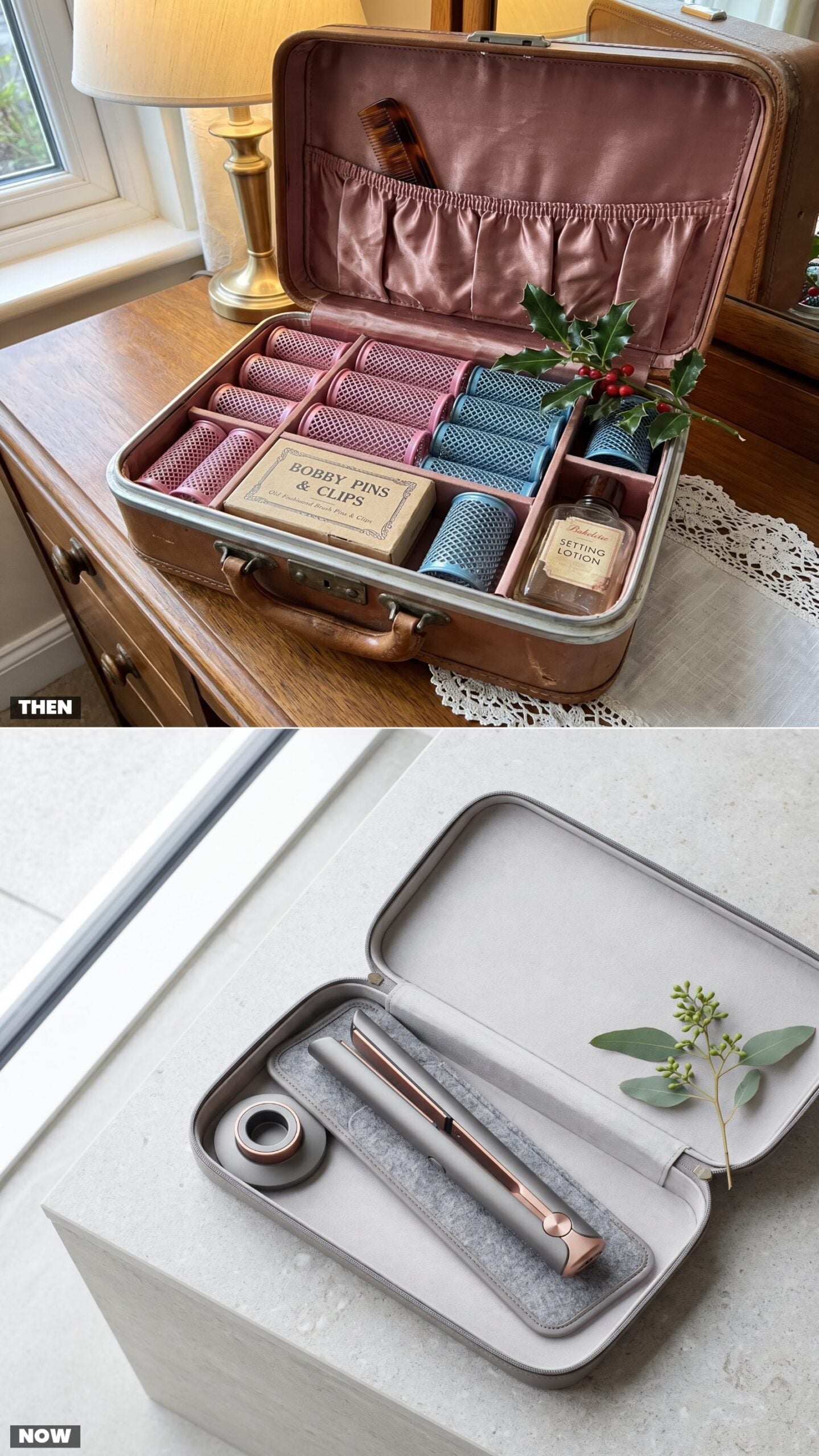 Metal Hair Rollers in a Train Case vs. One Cordless Styling Tool