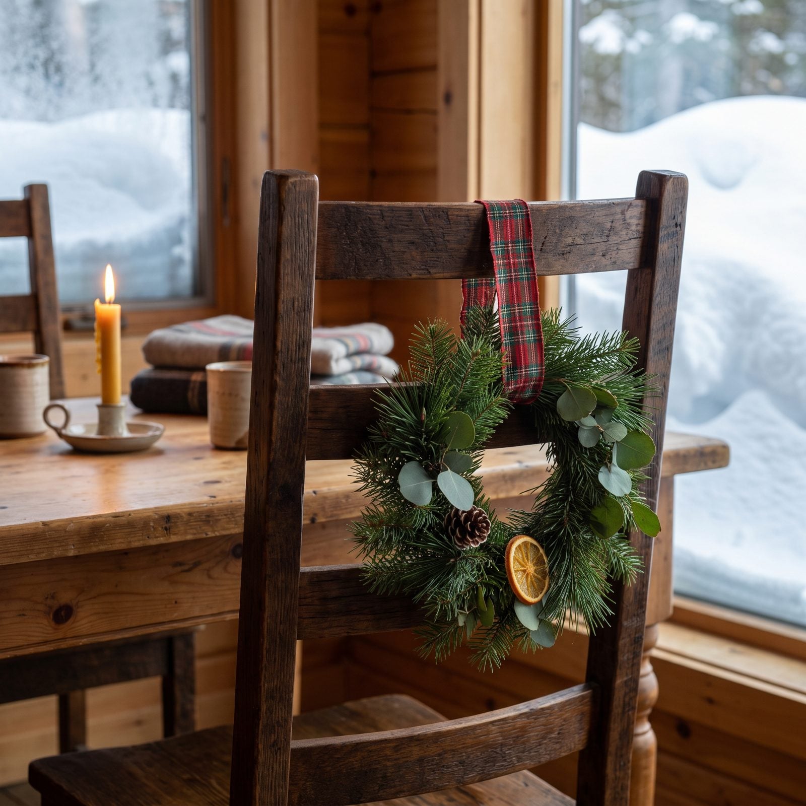 Miniature Wreaths Tied to Dining Chairs