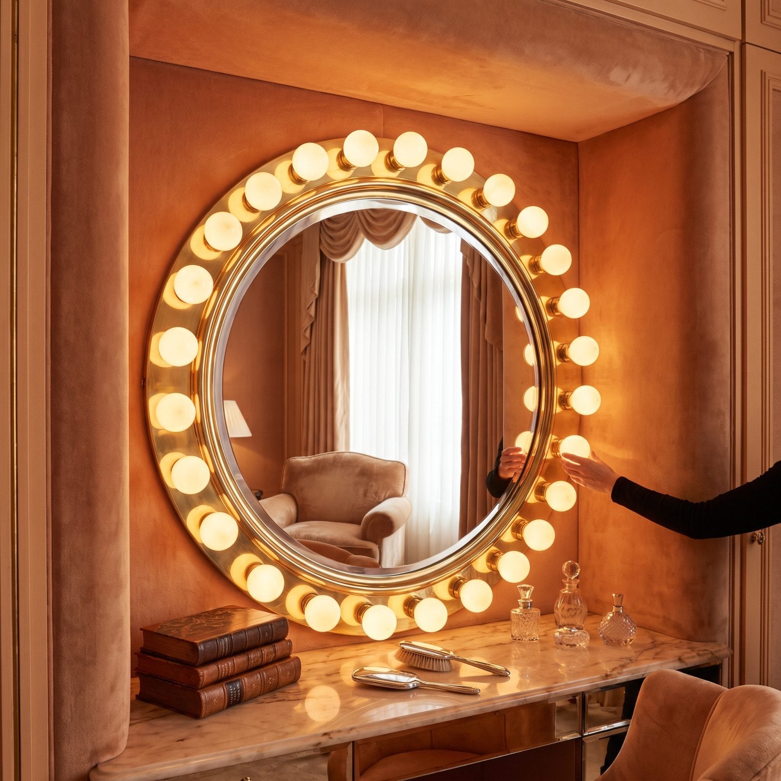 The Mirrored Vanity Ringed in Round Globe Bulbs