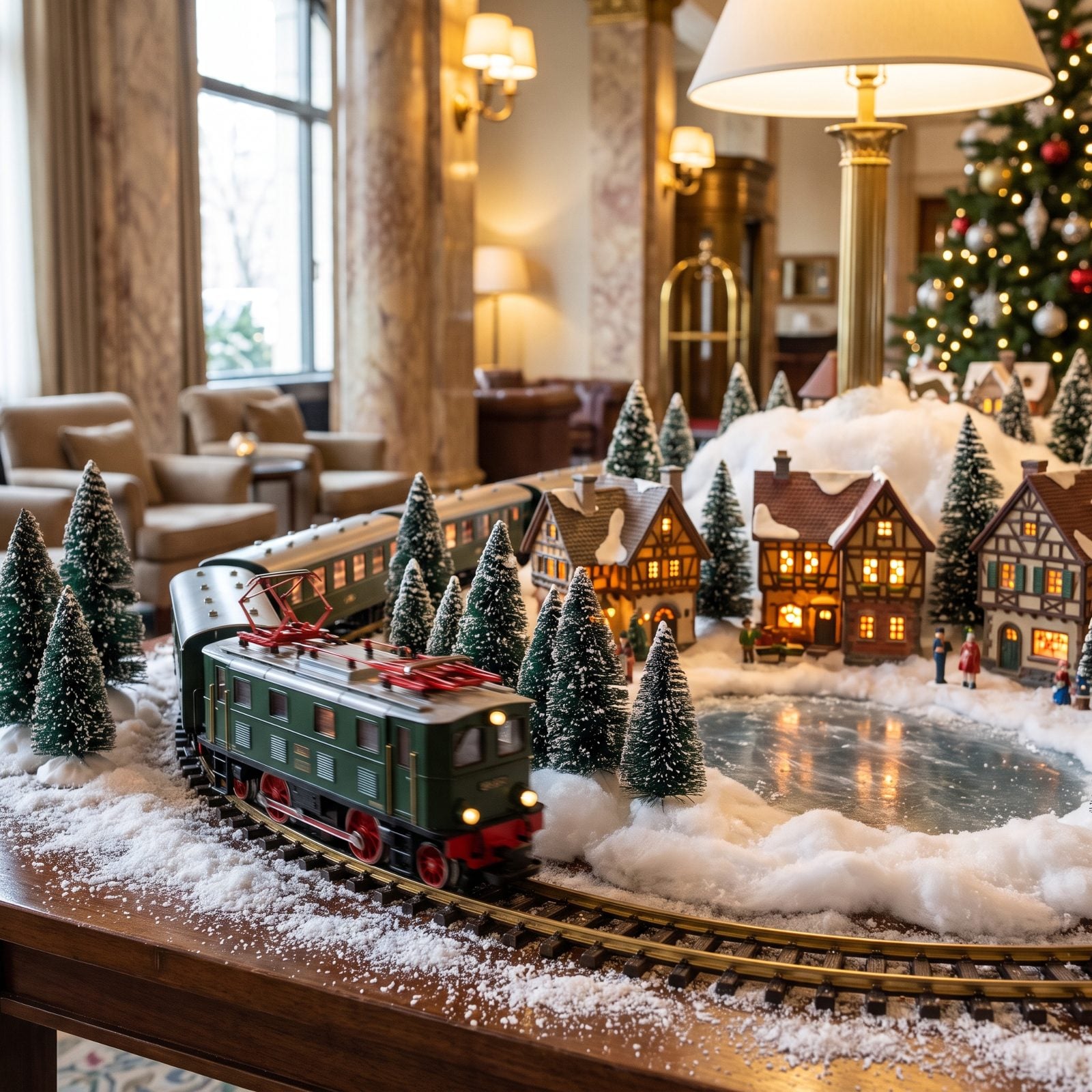 A Model Train Circling a Seasonal Village Display