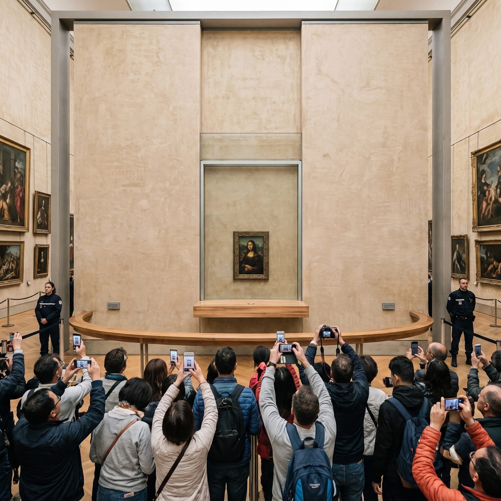The Mona Lisa Is a Small Painting Behind Protective Glass and Crowds