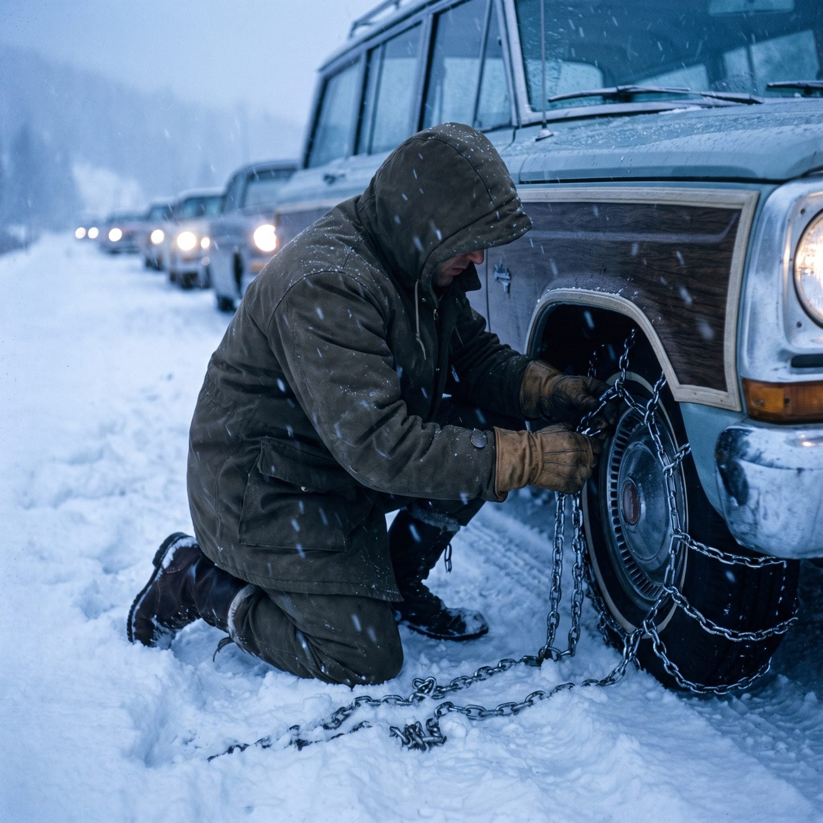 Motorists Wrapped Tire Chains Around the Wheels by Hand