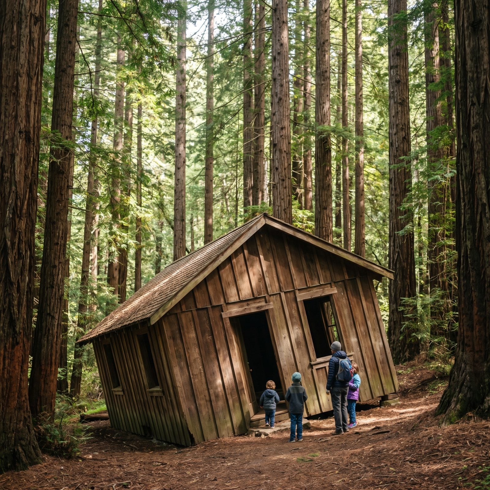 The Mystery Spot near Santa Cruz, California, the redwood attraction built around tilted rooms and apparent gravity tricks
