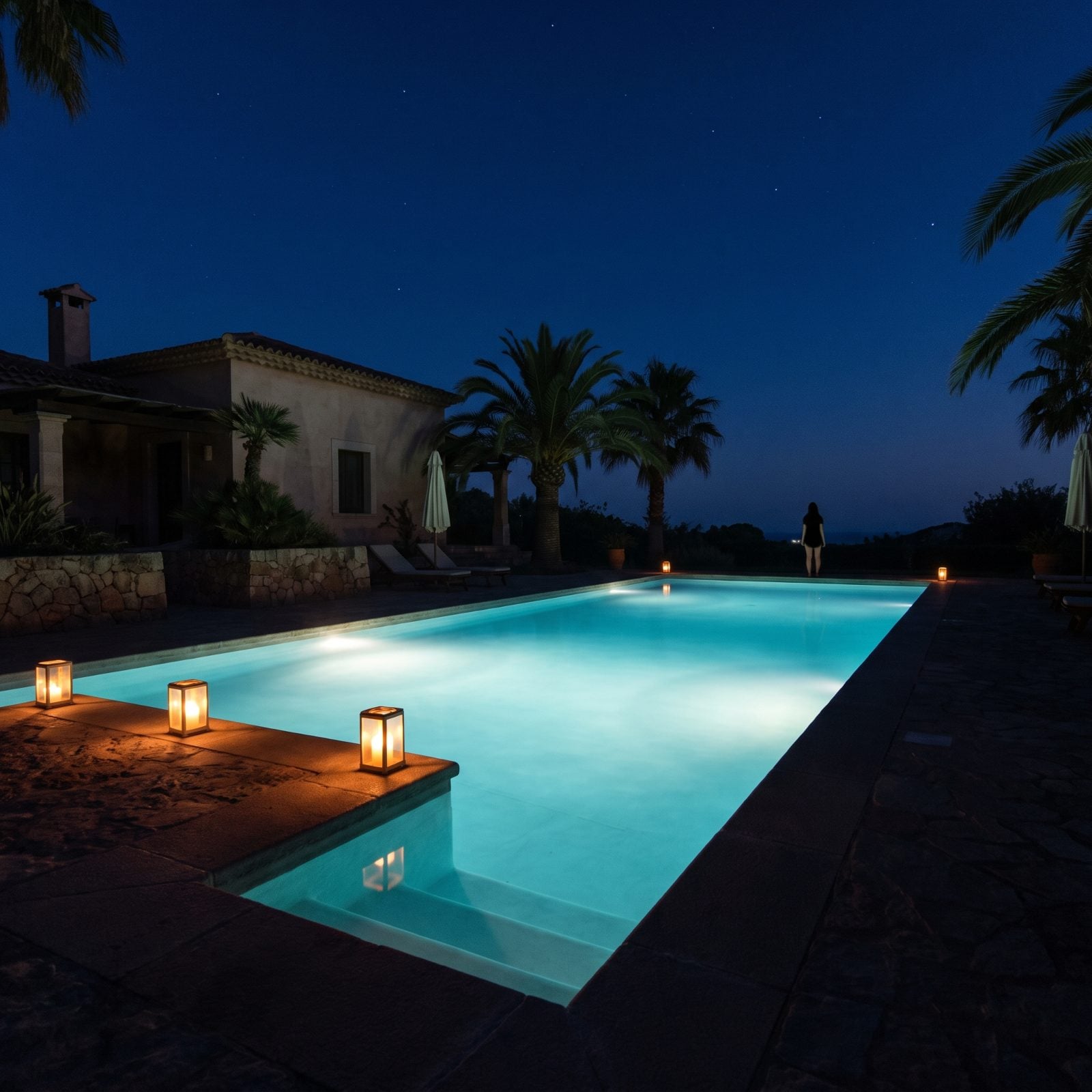 A Night Pool Lit Low and Blue From Below the Surface