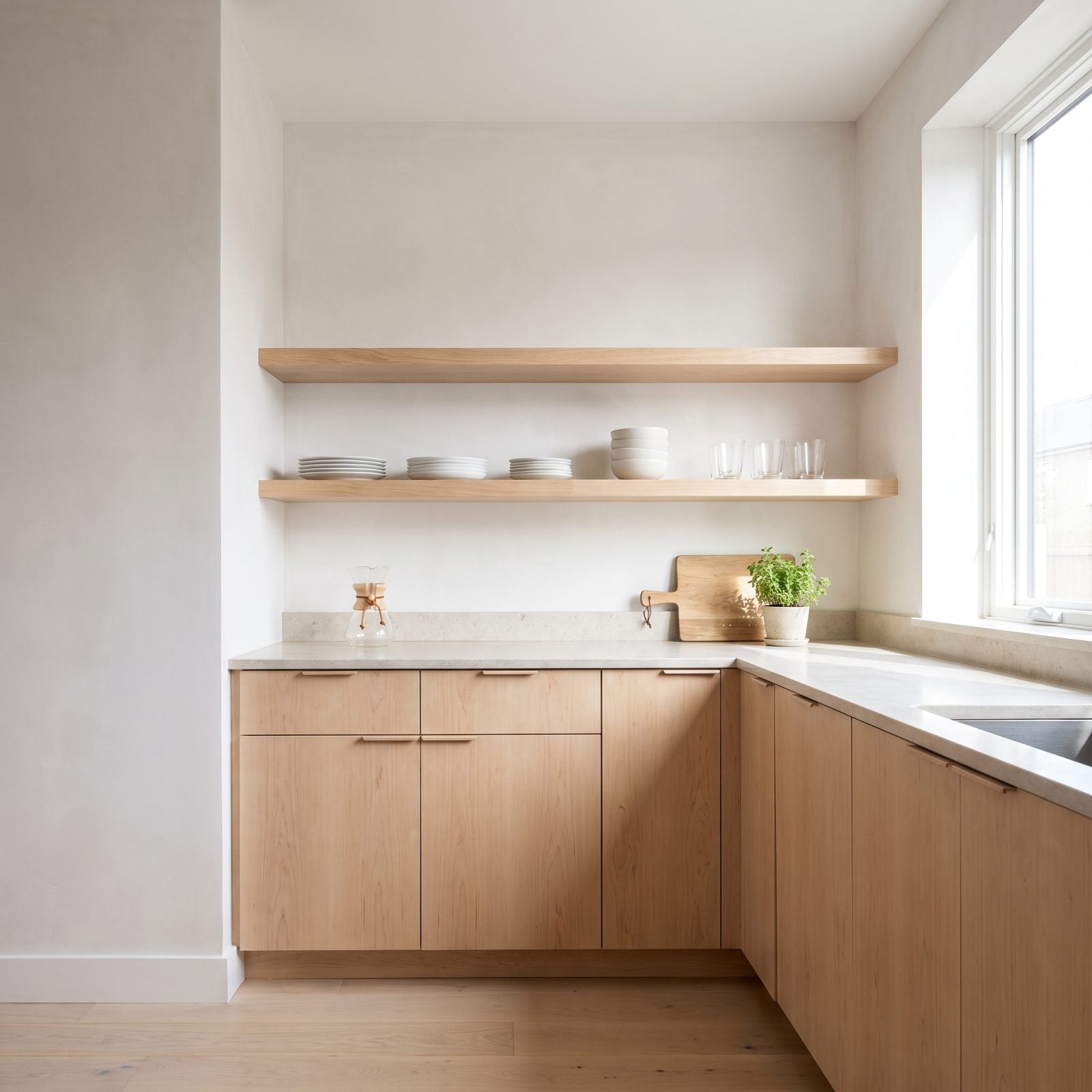 Open Kitchen Shelves Keep Upper Walls From Closing In