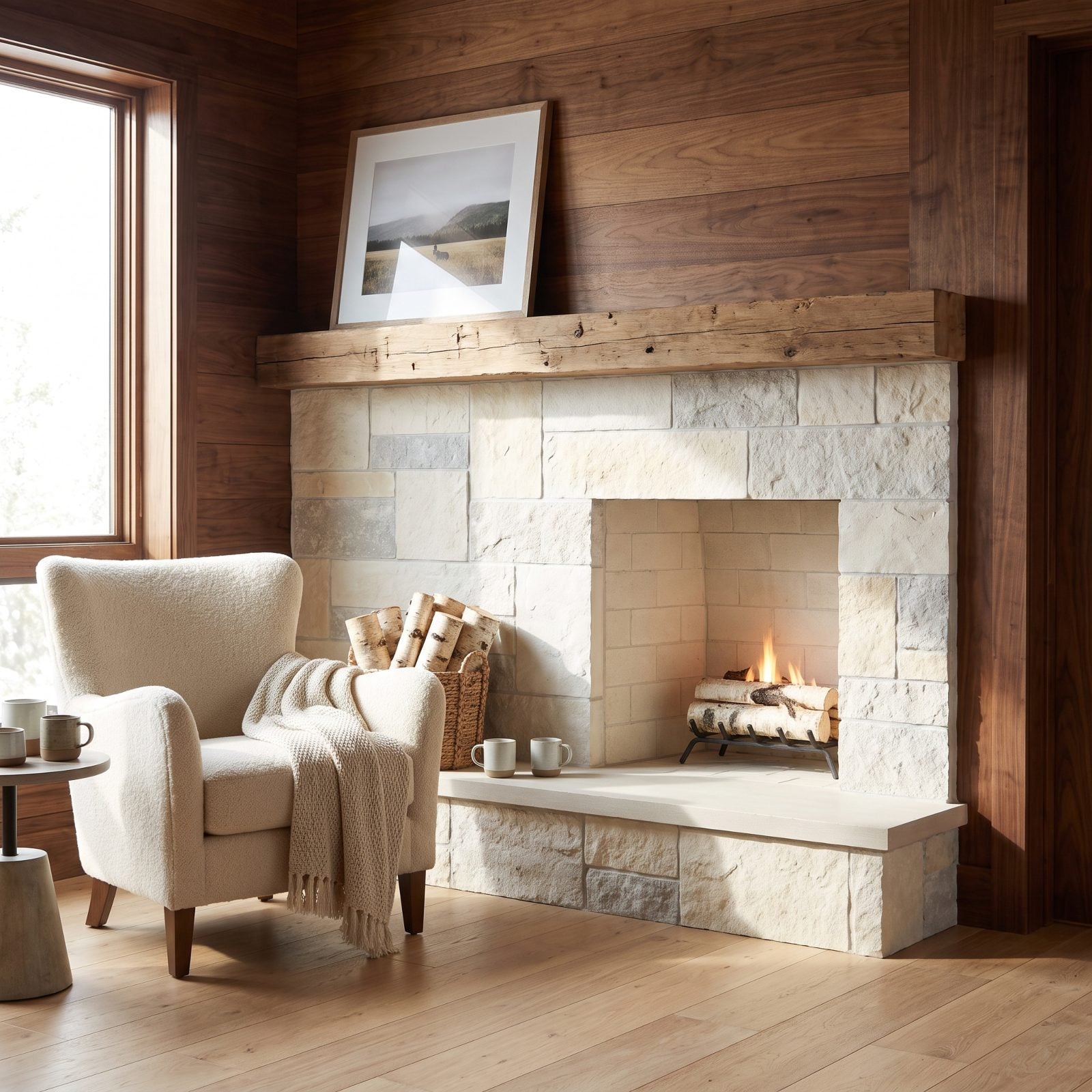 A Pale Stone Hearth Feels Lighter Than Sooty Brick