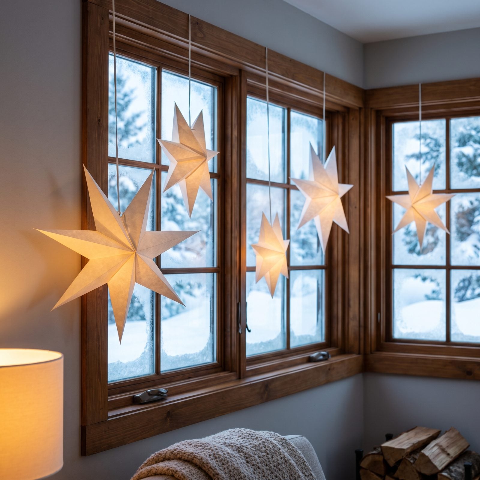 Paper Stars Suspended in the Windows