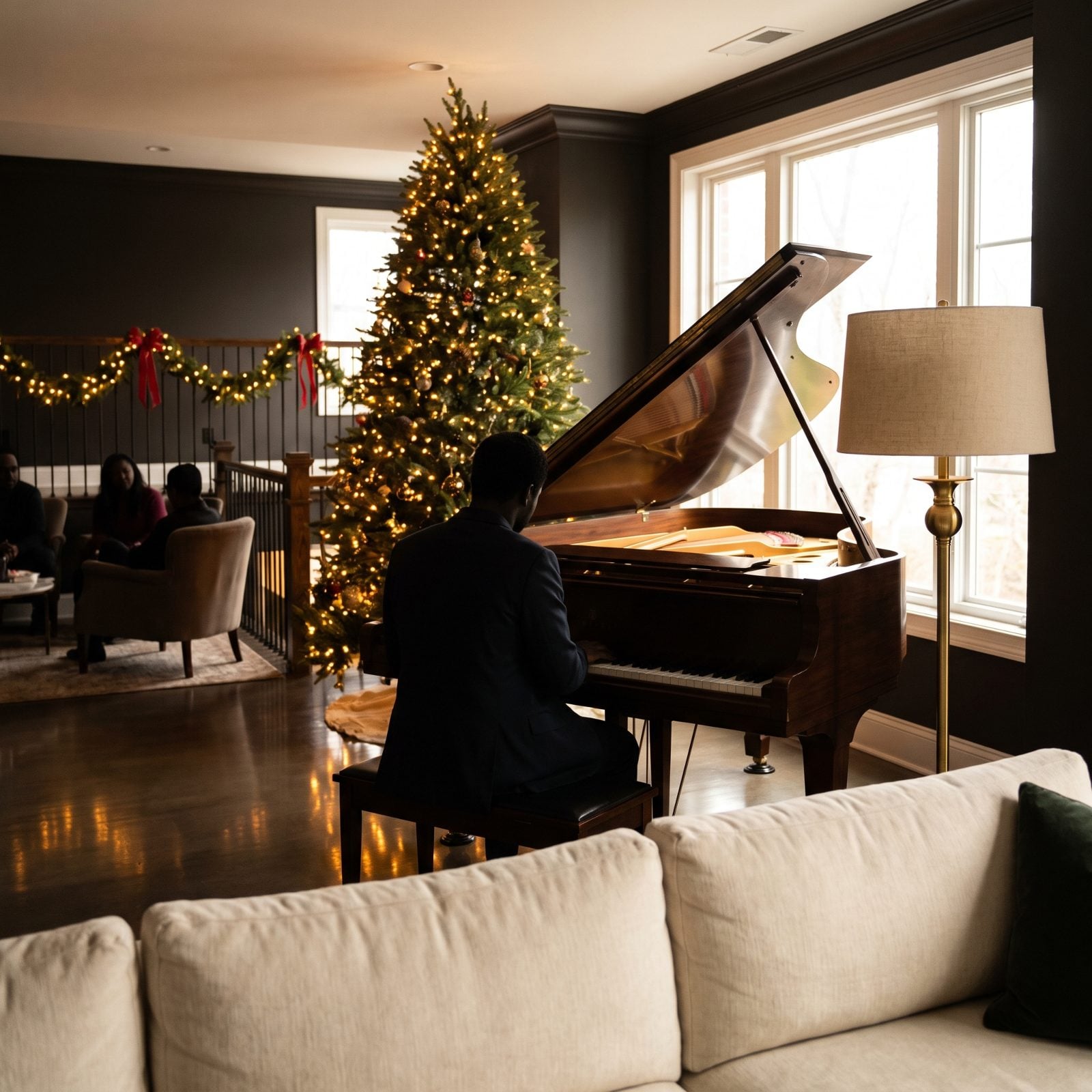 A Pianist Performing Beside the Lobby Tree