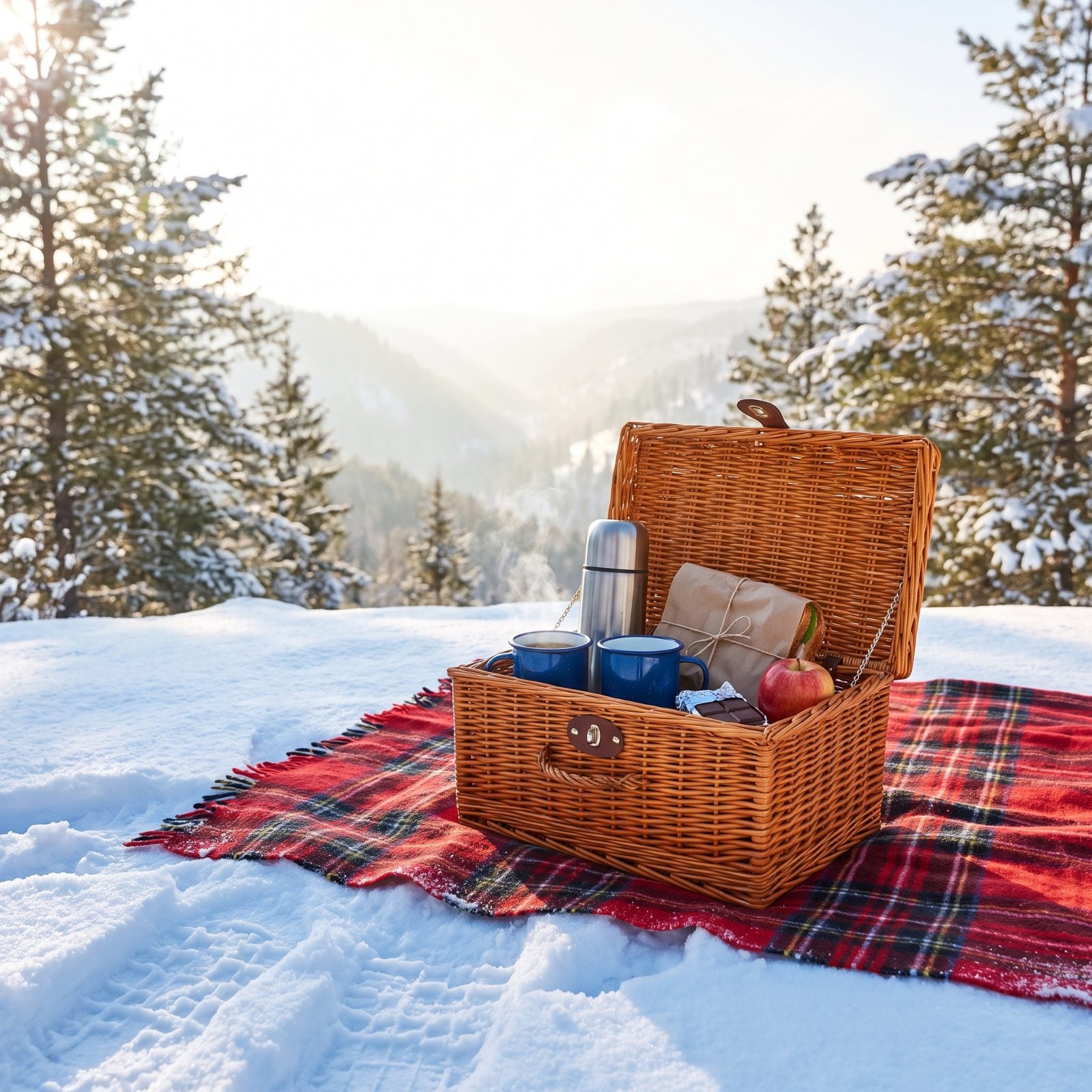 A Picnic Basket Prepared for a Scenic Snowshoe Stop