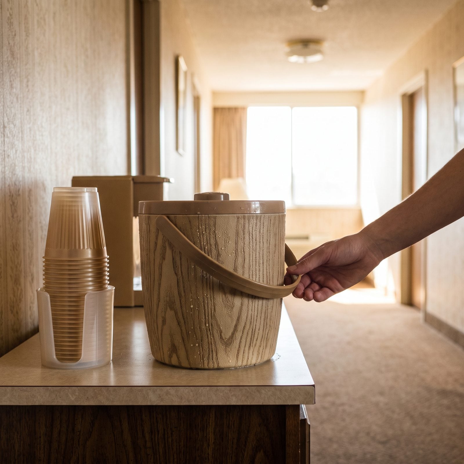 The Plastic Ice Bucket and Its Stack of Matching Cups