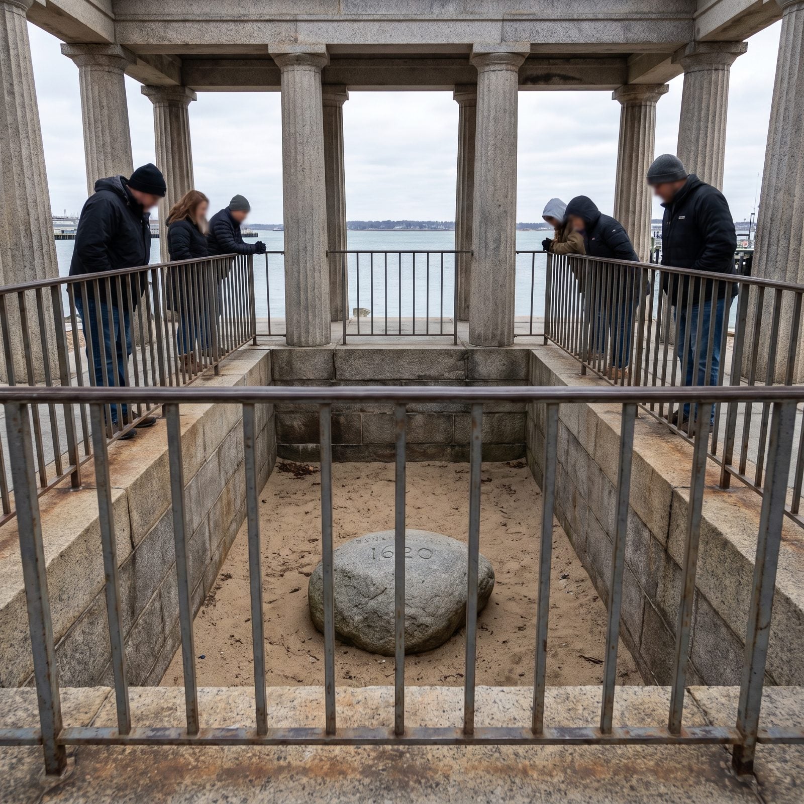 Plymouth Rock Is a Small Boulder Beneath a Portico