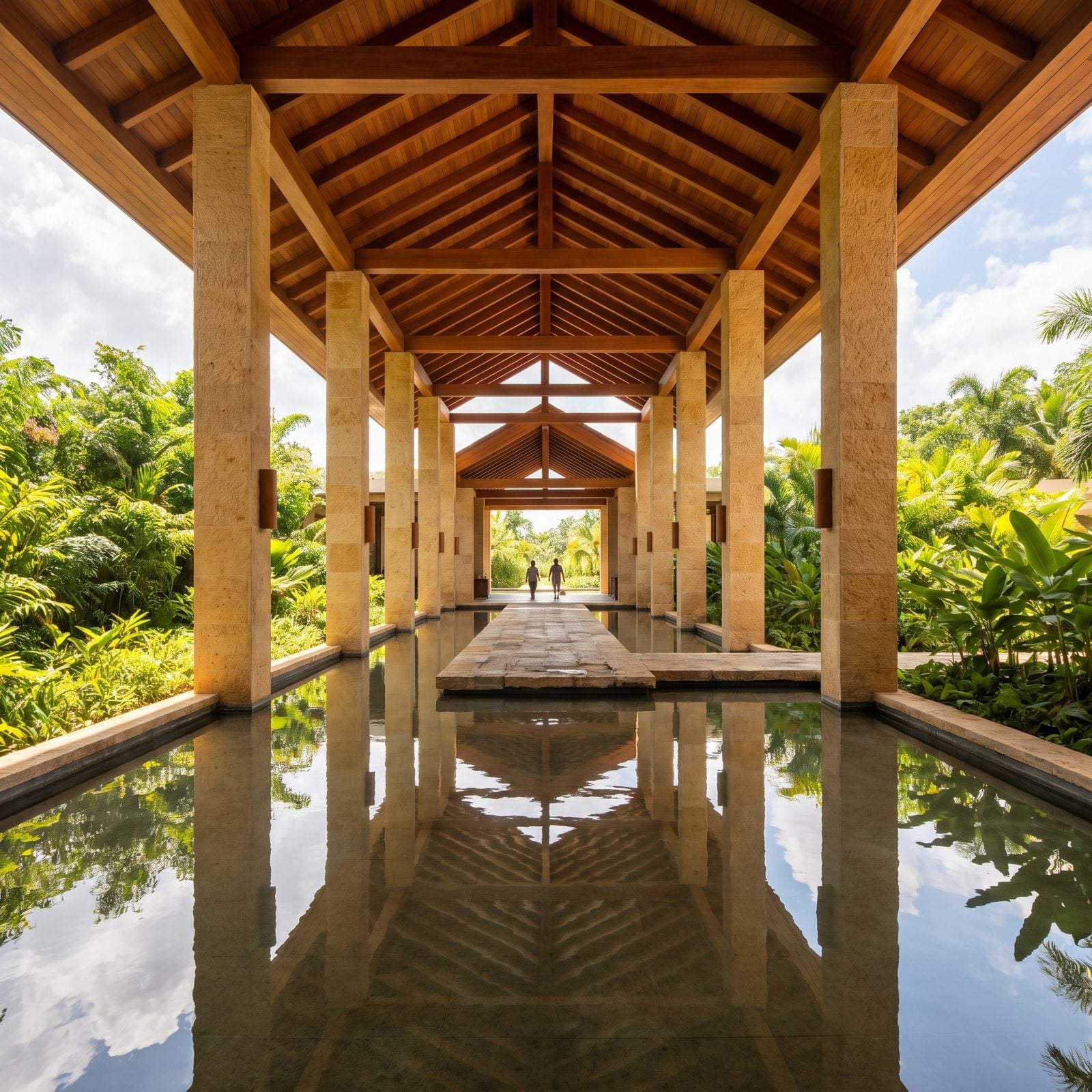 A Pool Running Beneath an Open-Air Lobby