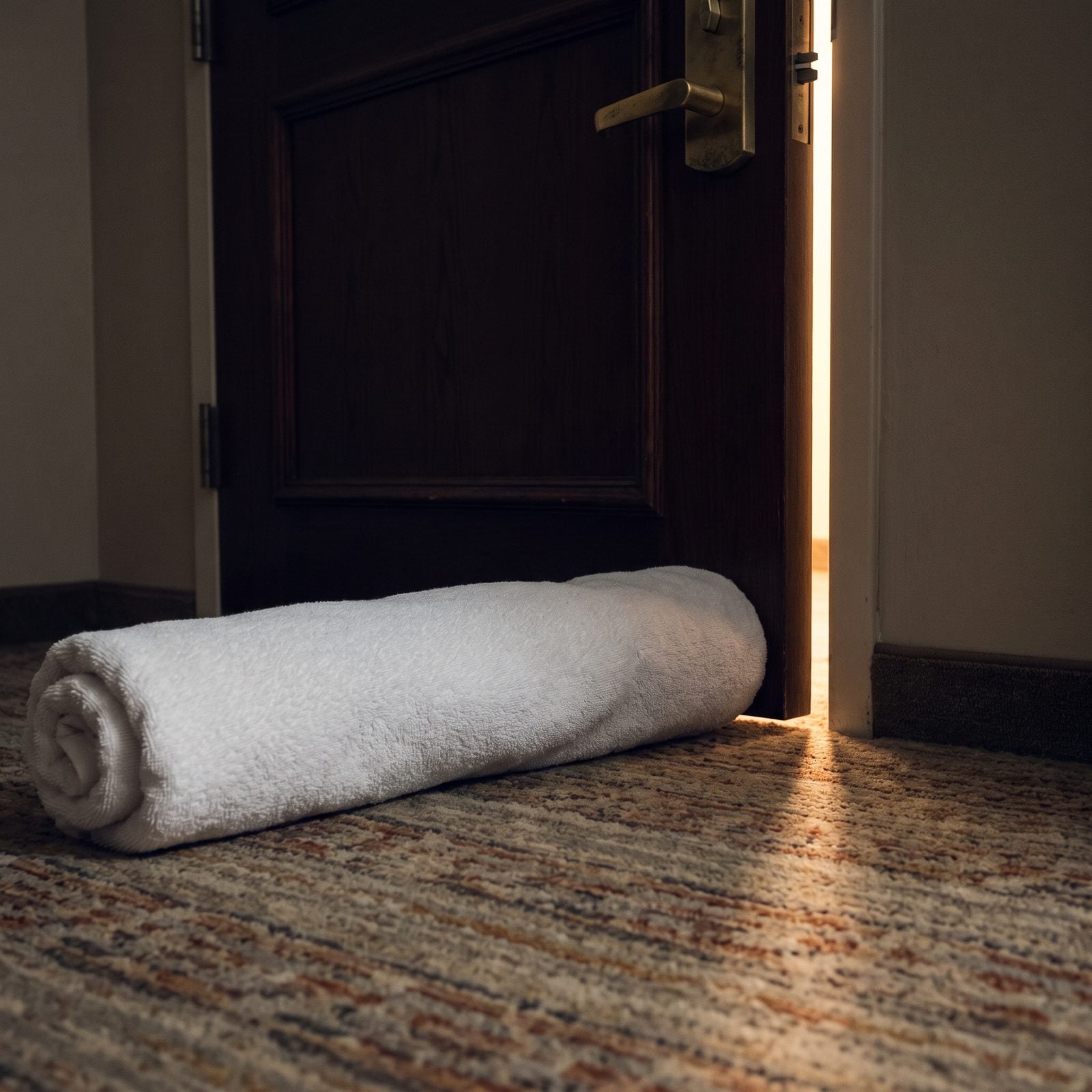 Press a Rolled Towel Against the Door Gap to Block Drafts and Hallway Light