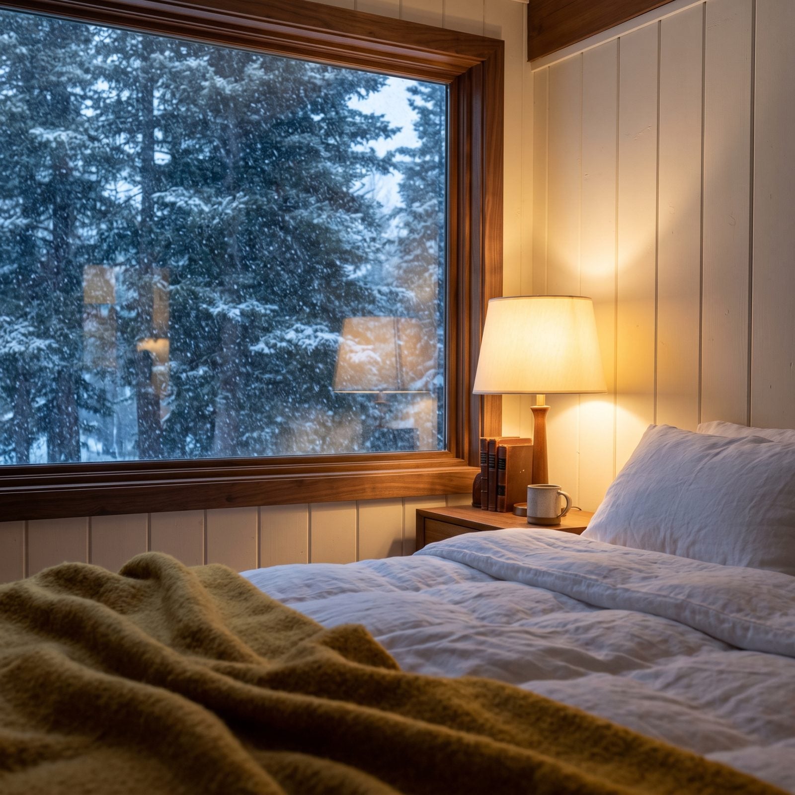 A Private Window View Framing Snowfall From the Bed