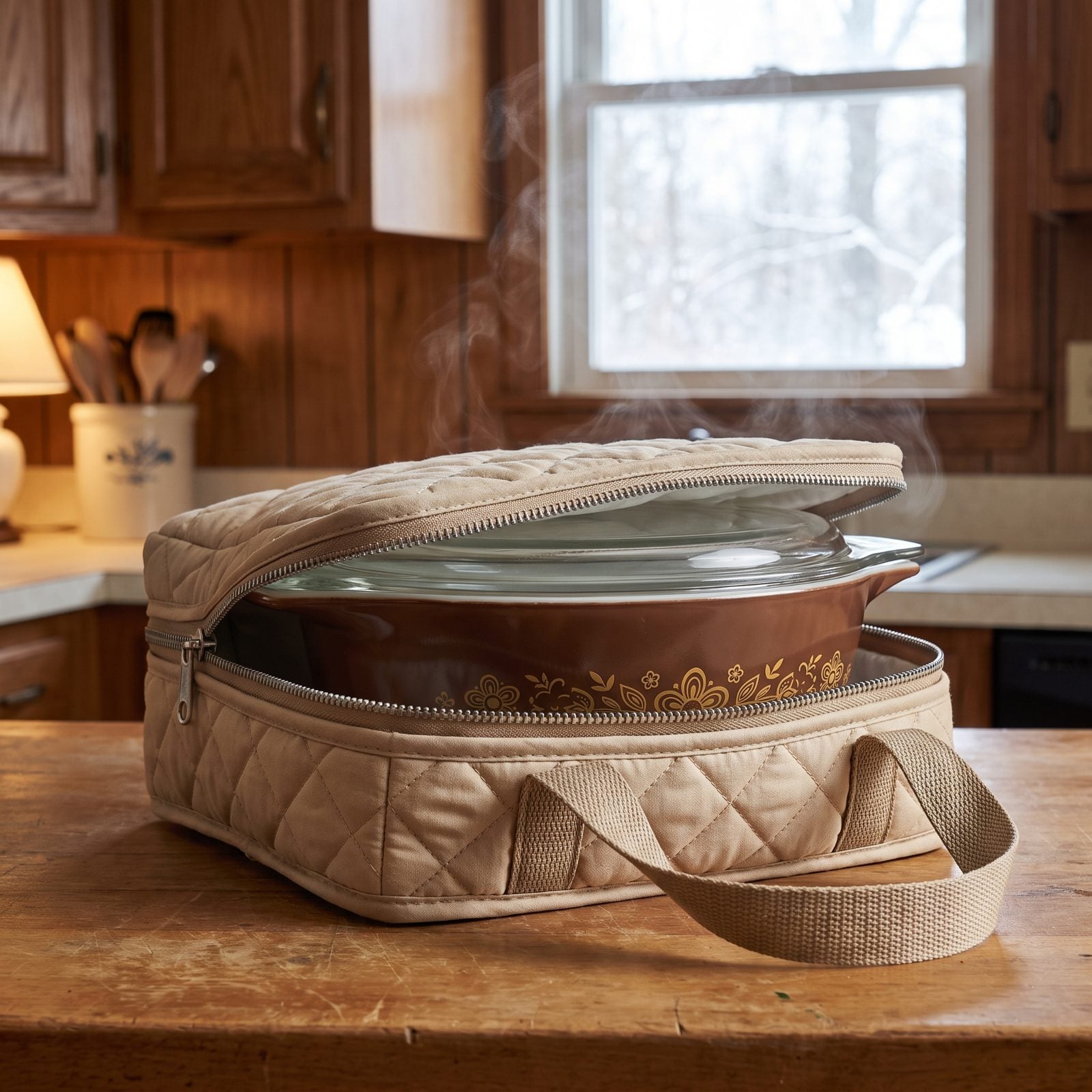 A Pyrex Casserole Zipped Into Its Insulated Carry Cover
