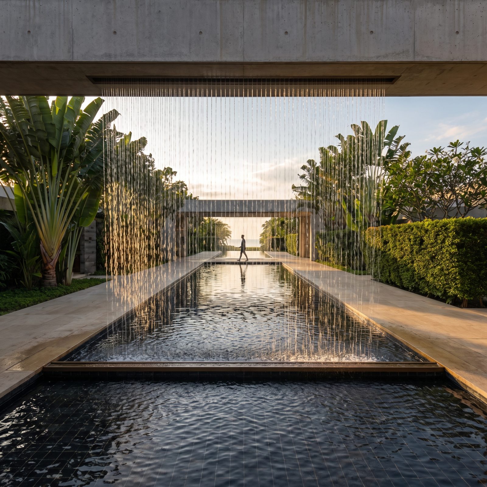 A Rain Curtain Forming a Sculptural Pool Entrance