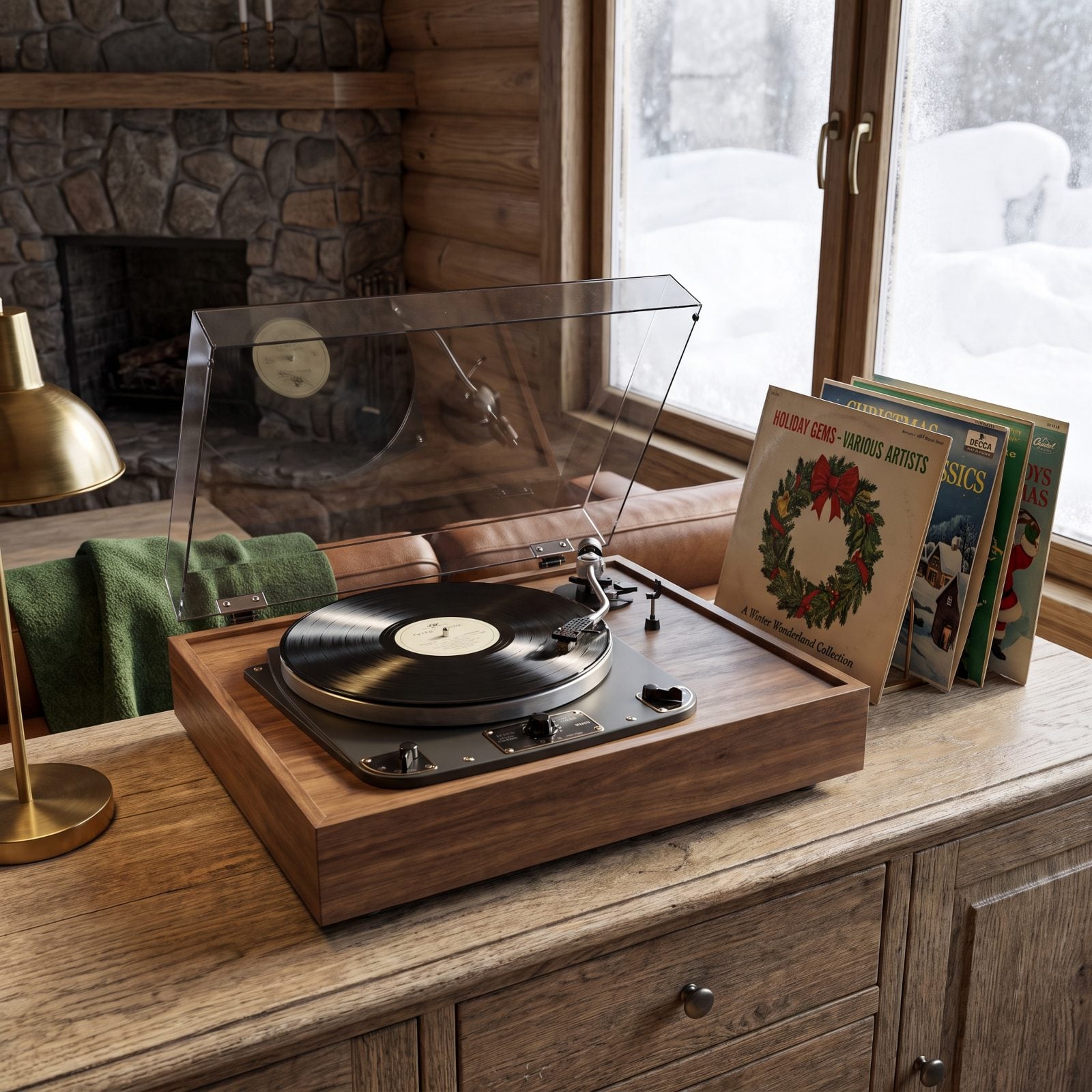 A Record Player With Holiday Albums on Display