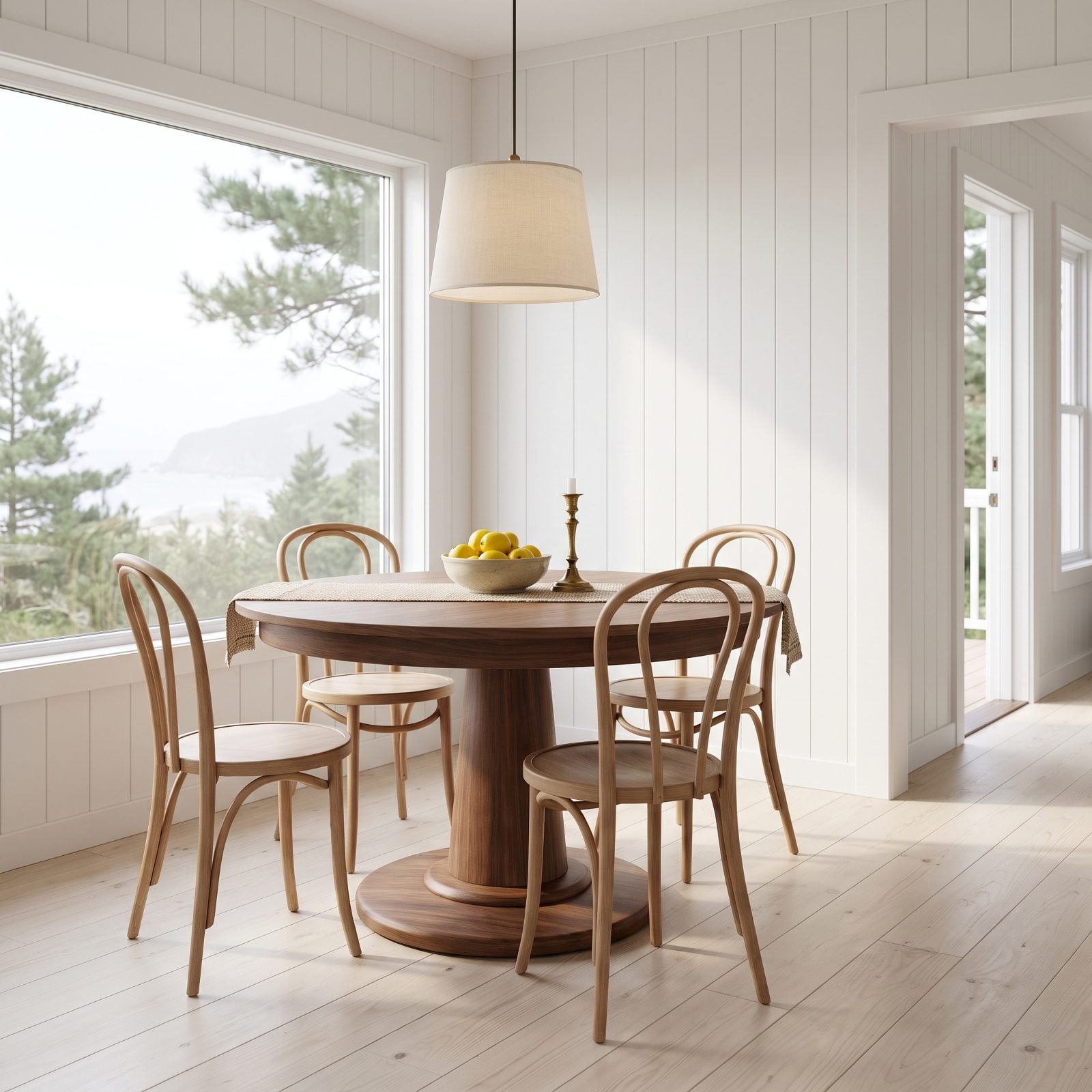 A Round Dining Table Softens a Tight Passage